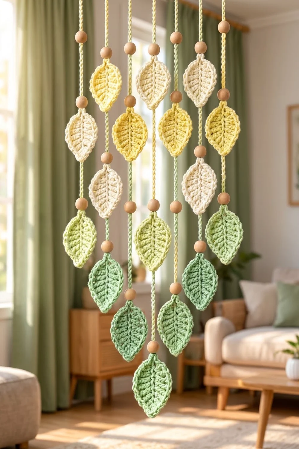 Crocheted leaf decorations in yellow, cream, and green hanging on beaded strings in a bright, modern living room.