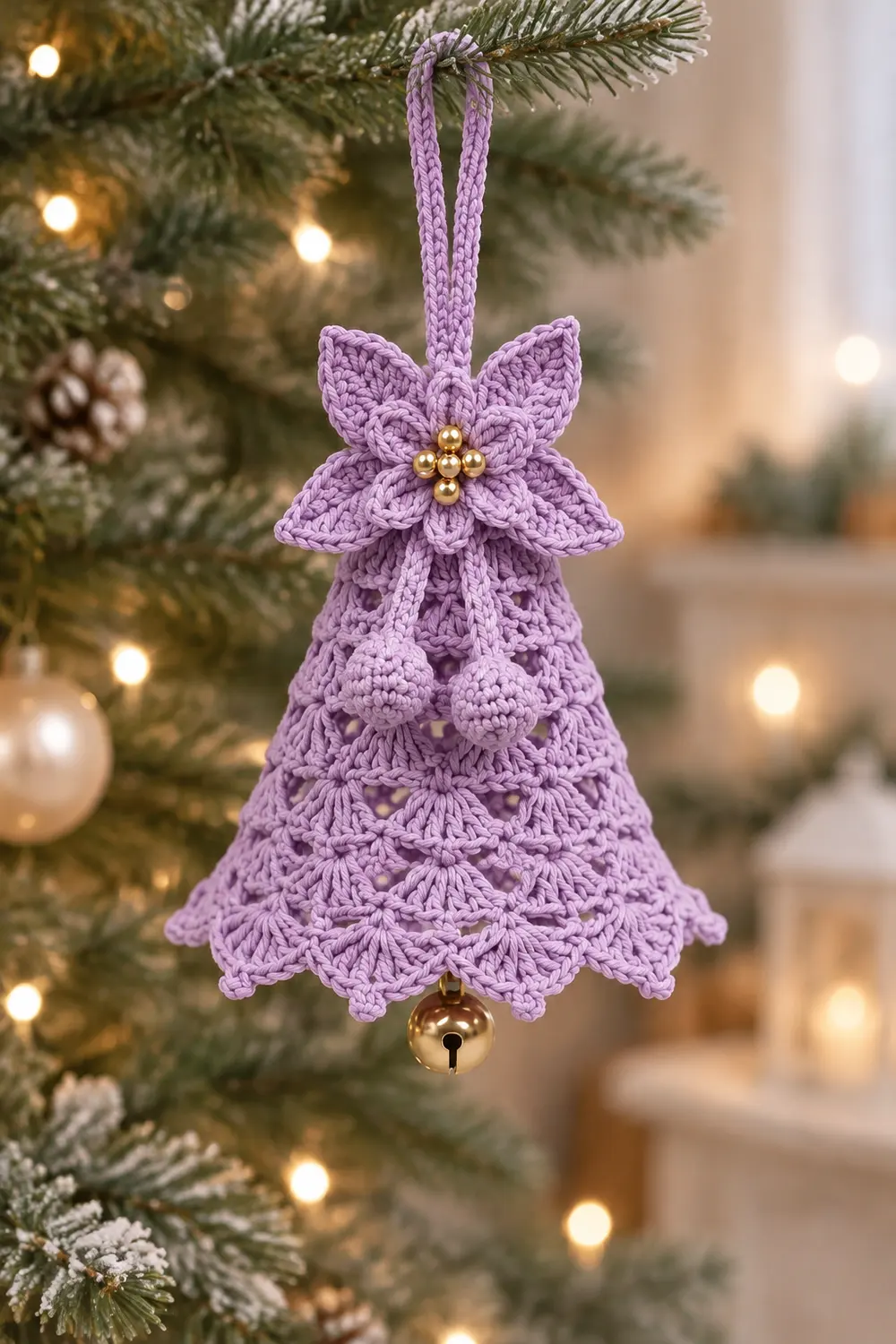 A lavender crocheted bell ornament with gold beads and jingle bell hanging on a decorated Christmas tree.