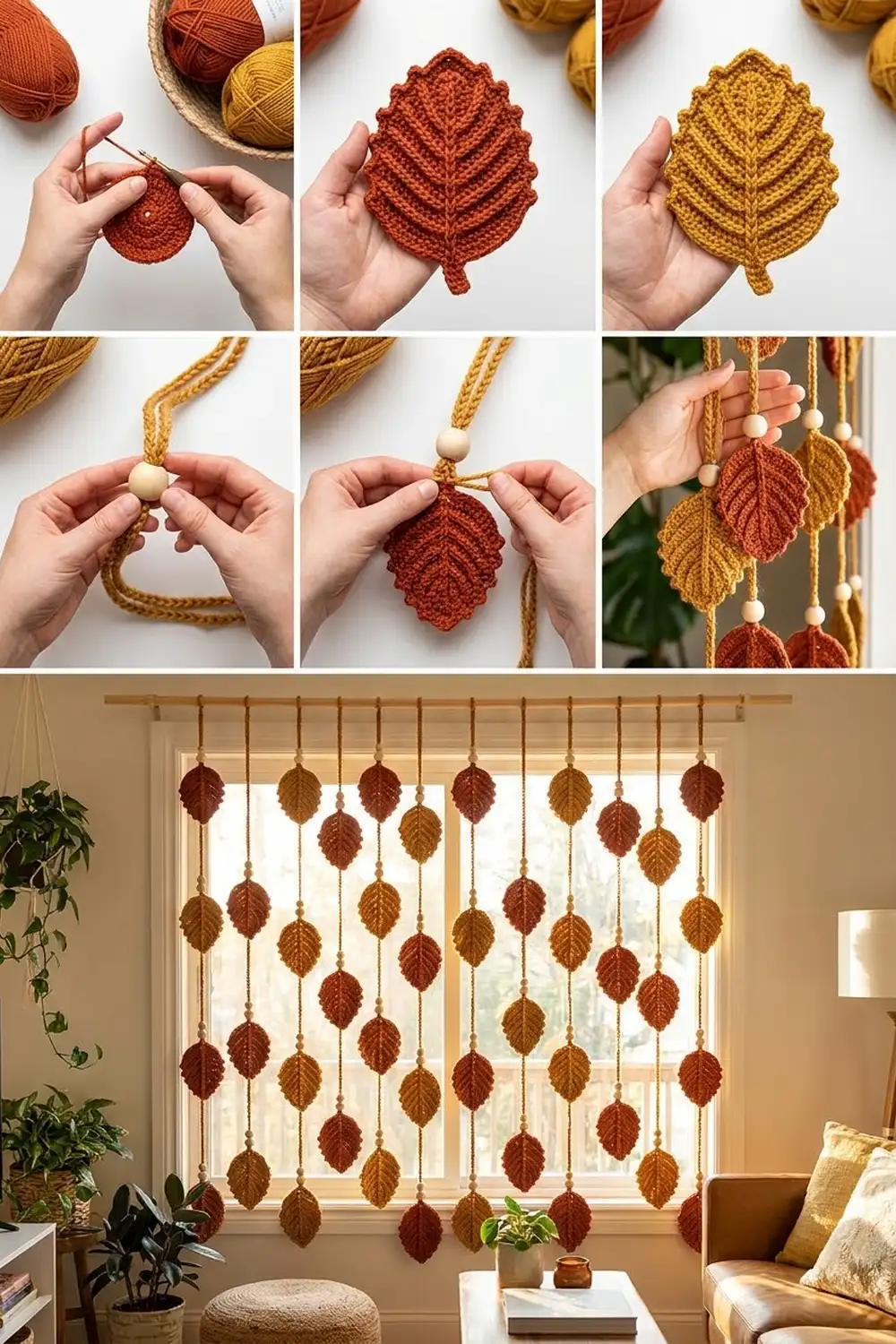Handmade crocheted leaves in rust and golden tones hang as a beaded garland across a bright window in a home.