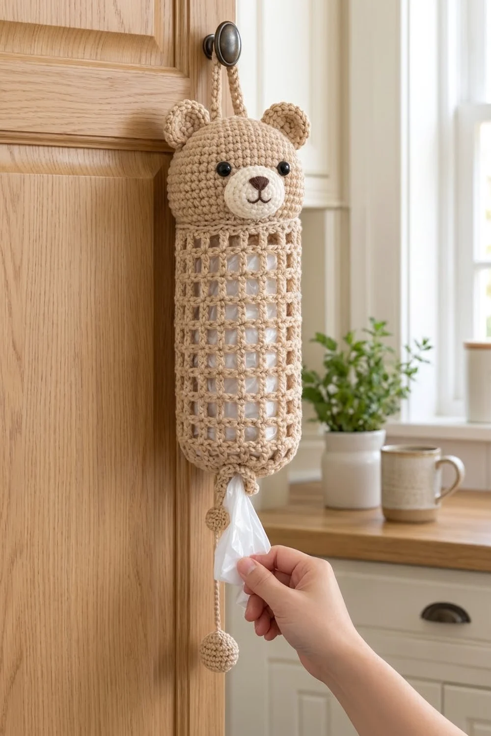 Crocheted beige bear-shaped tissue holder hanging on wooden kitchen door, with tissue being pulled out.