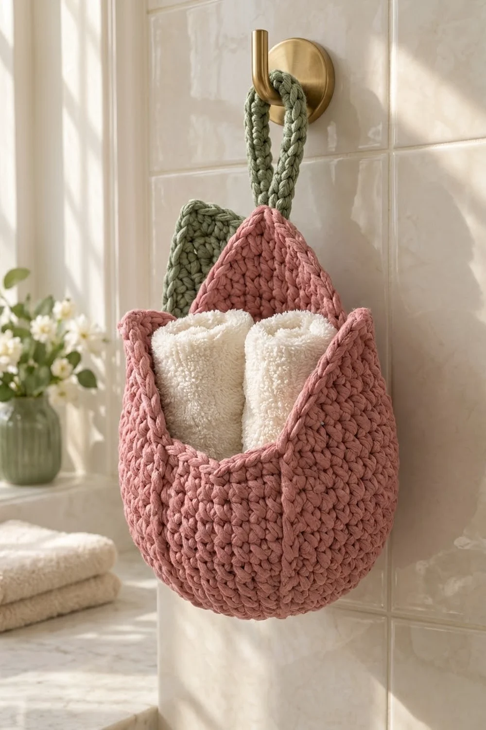 Pink crocheted hanging basket filled with white linens, suspended from sage cord on brass hook in a minimalist spa bathroom.