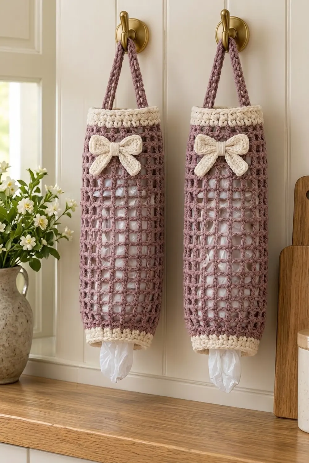 Two mauve crocheted wall organizers with cream trim and bows hanging from brass hooks beside a potted white flower arrangement.