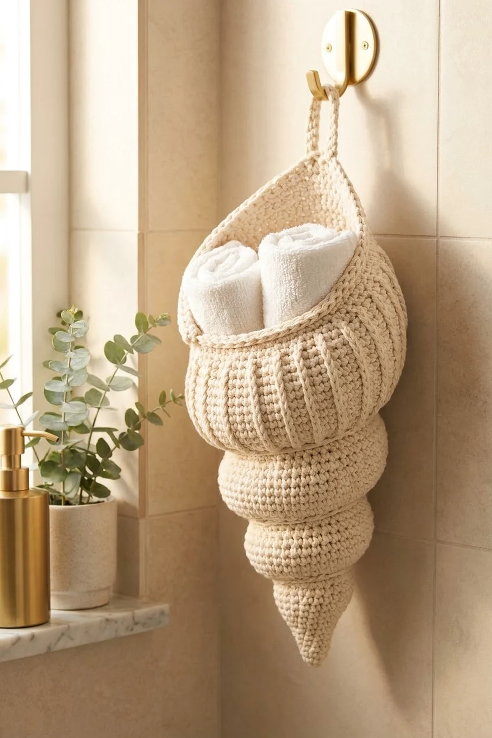 Cream crocheted wall hanging filled with rolled white towels, styled with gold hardware and plants.