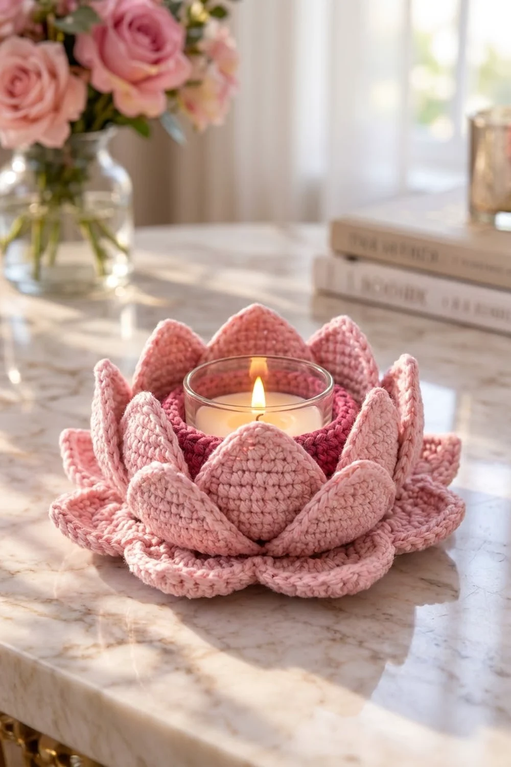 Crocheted pink lotus-shaped candle holder containing a lit candle, styled on marble with fresh pink roses.