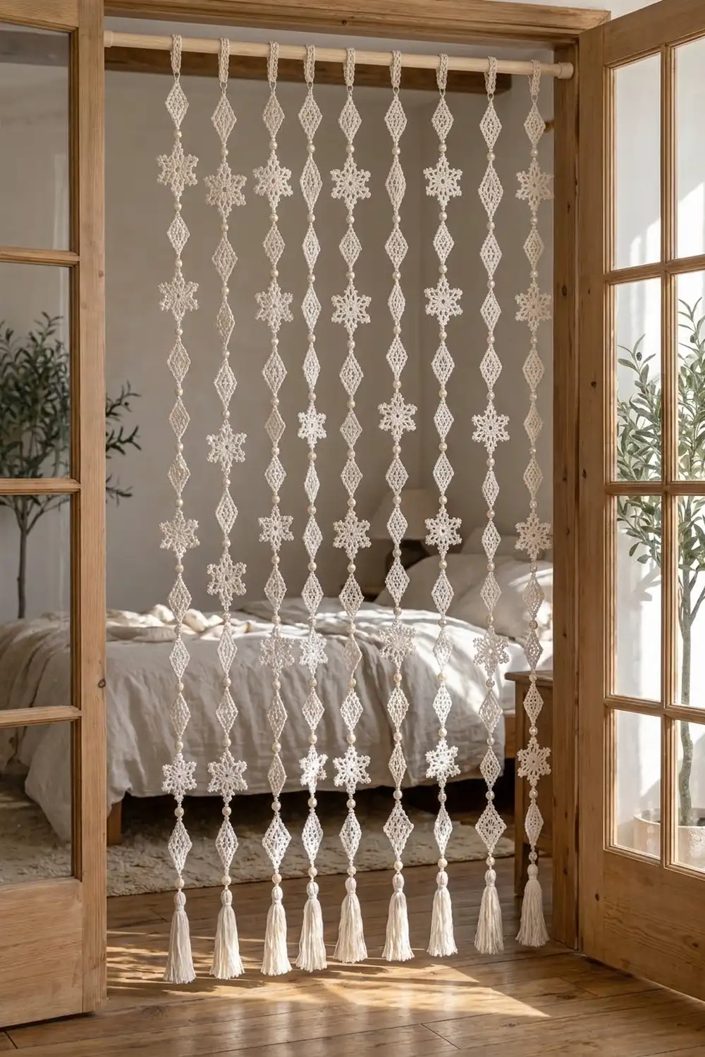 Cream macramé curtain with diamond and snowflake patterns and tassels hung in wooden doorway above bed.