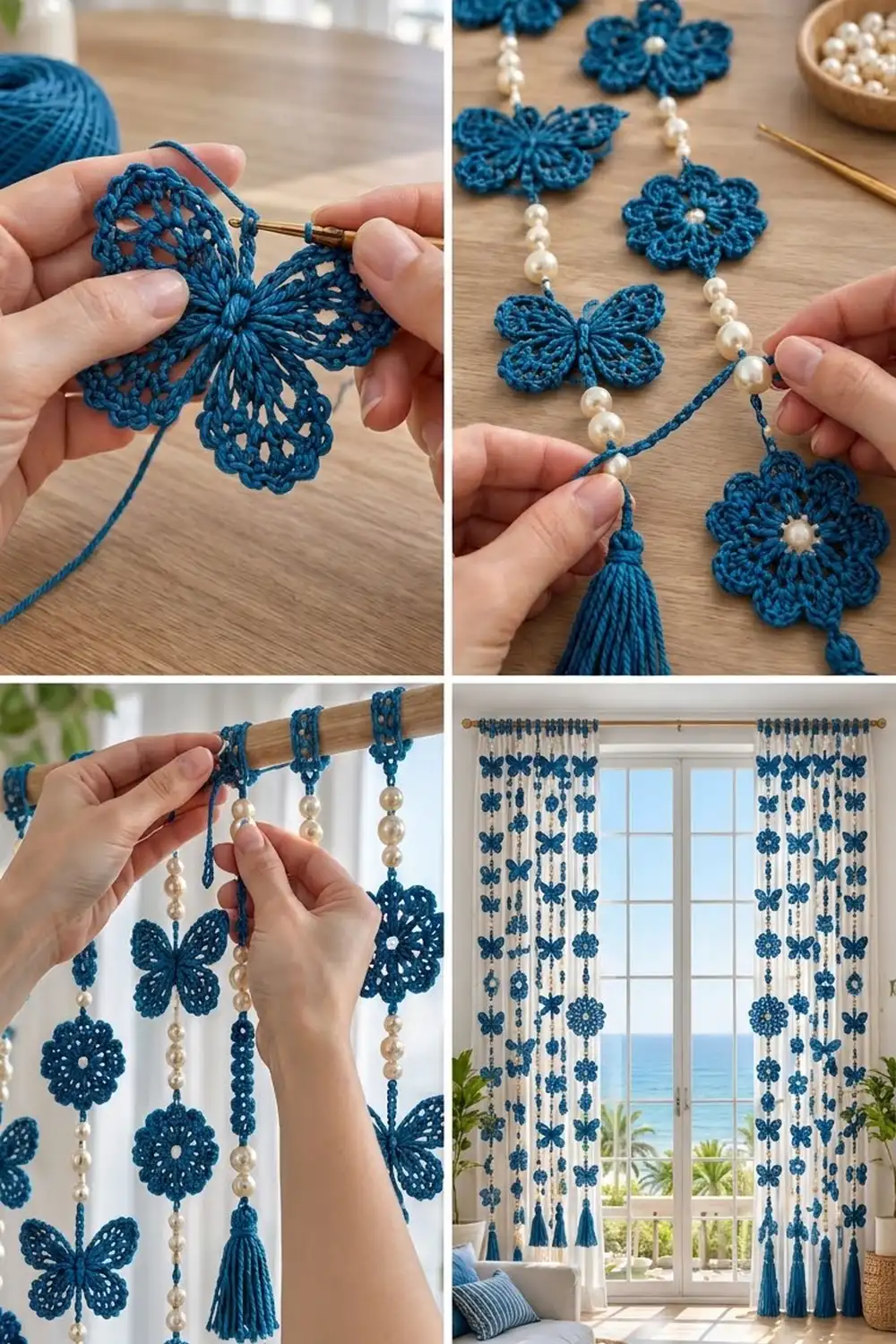 Teal crochet flower and butterfly curtain with pearl beads hangs at a coastal window overlooking the ocean.