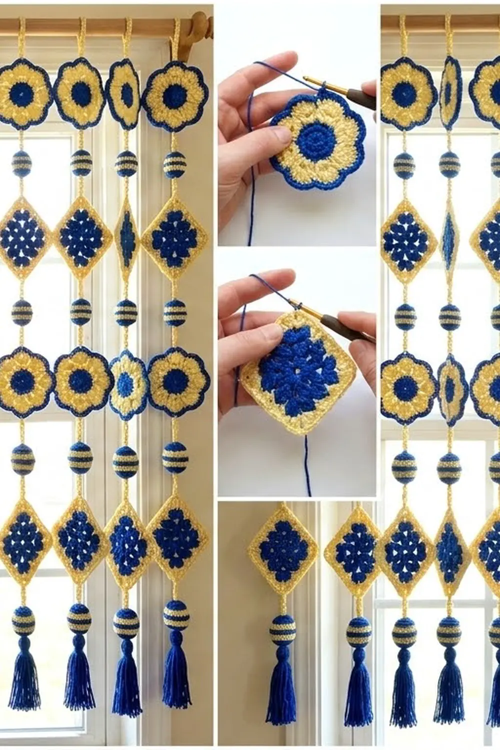 Handmade crocheted garland in navy and golden-yellow with flower and diamond motifs displayed as a window hanging.