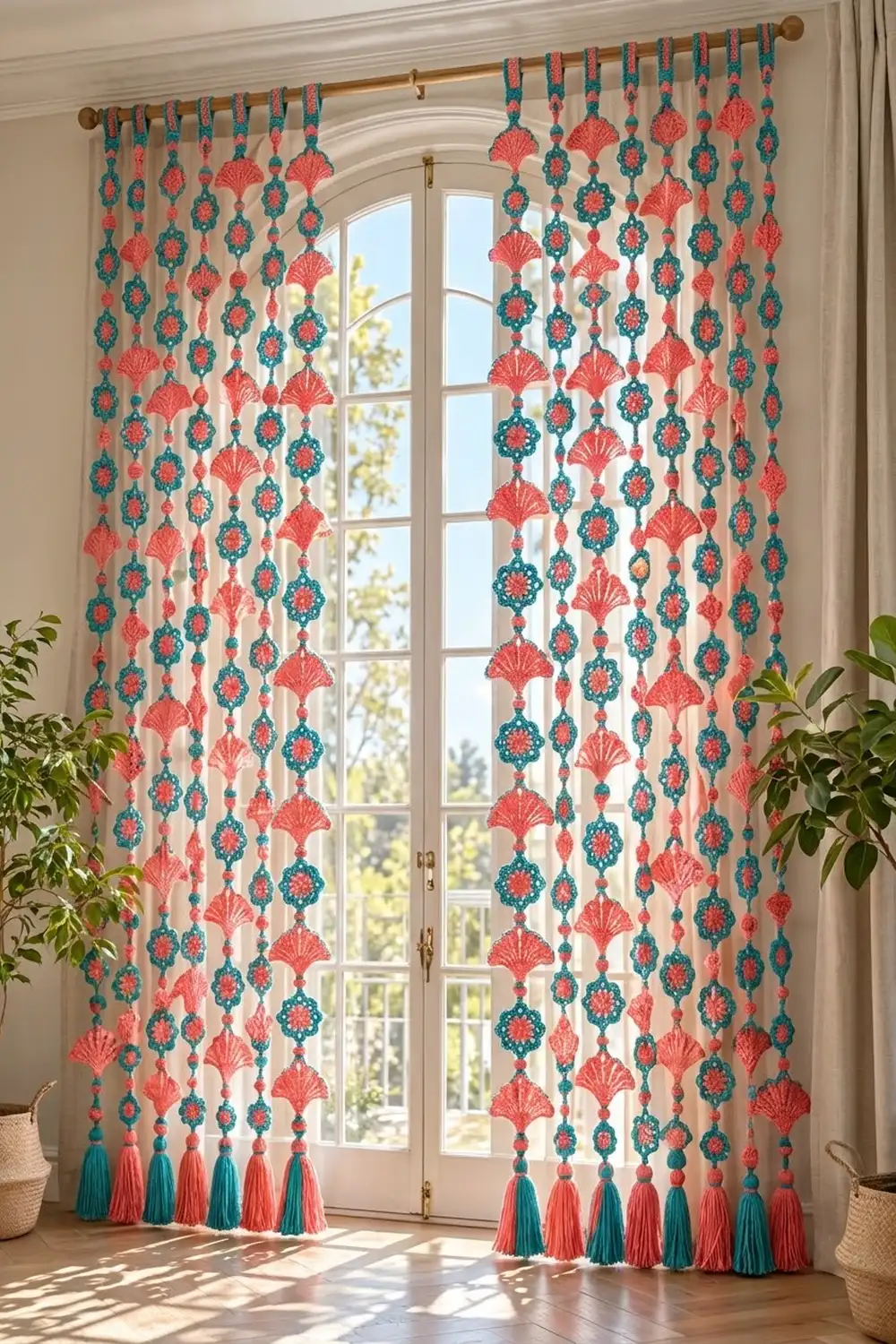 Coral and teal crocheted curtain panels featuring shell fans and round medallions hang in front of a bright window.