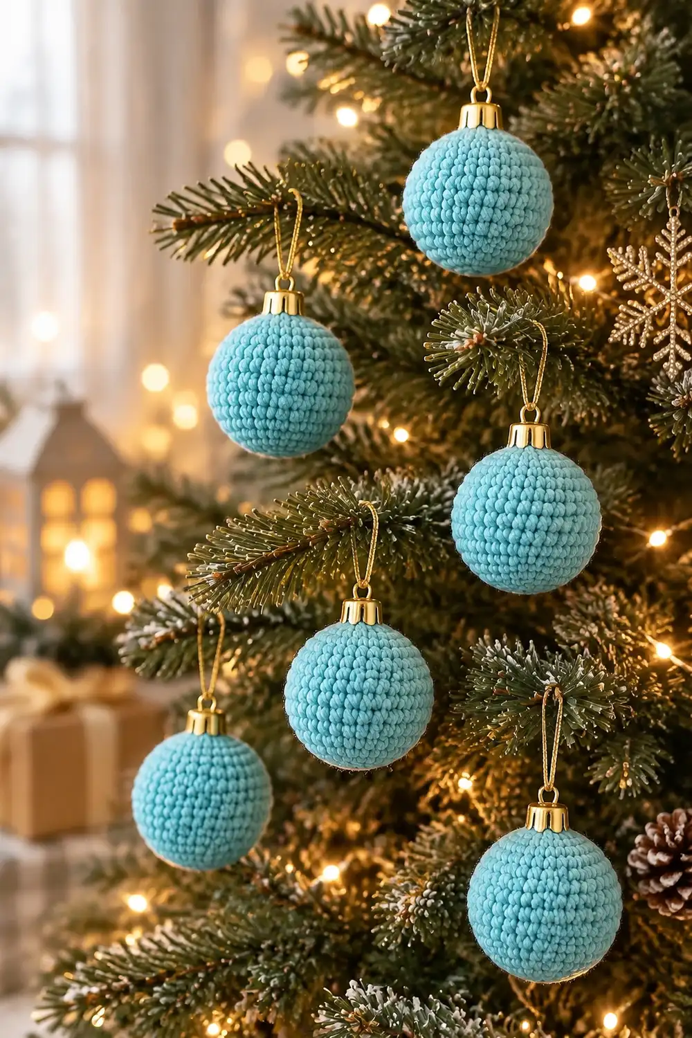 Light blue crocheted ball ornaments hanging on a decorated Christmas tree with warm white lights.