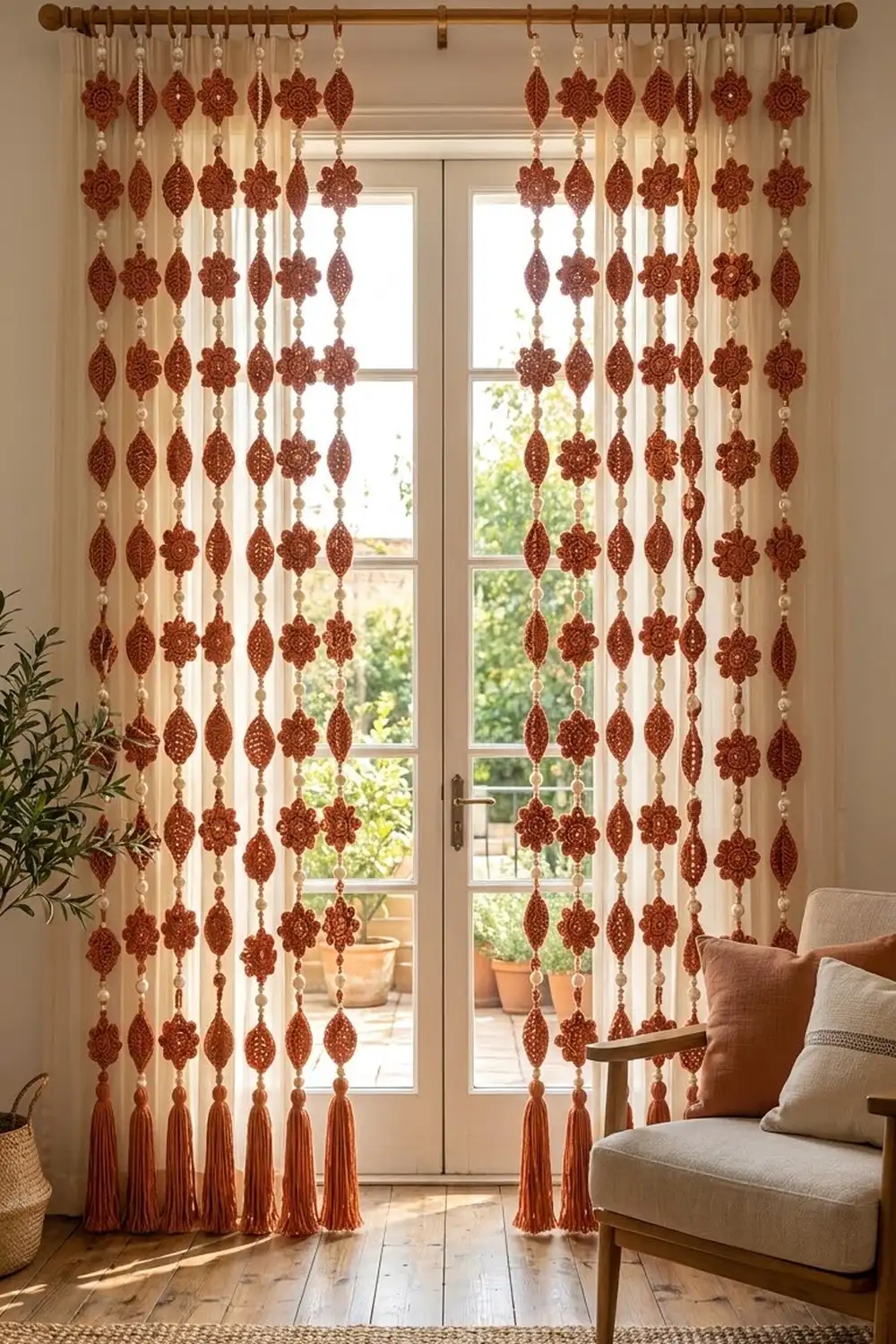 Handmade crocheted curtain in rust and cream featuring geometric flower and leaf shapes hangs elegantly before bright glass doors.
