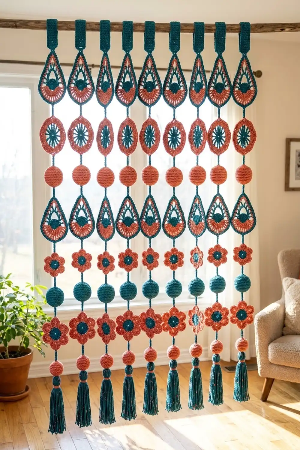 Teal and coral crocheted garland with geometric shapes and tassels hangs from a wooden rod in a bright living room.