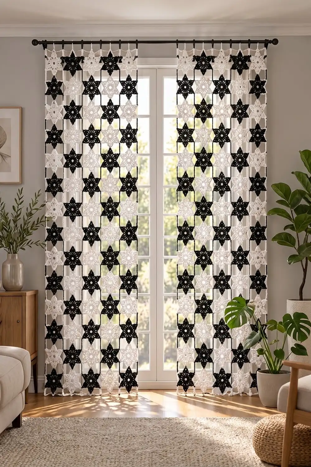 Black and cream crochet star curtains hang in a modern living room with potted plants, sunlit window, and wooden furniture.