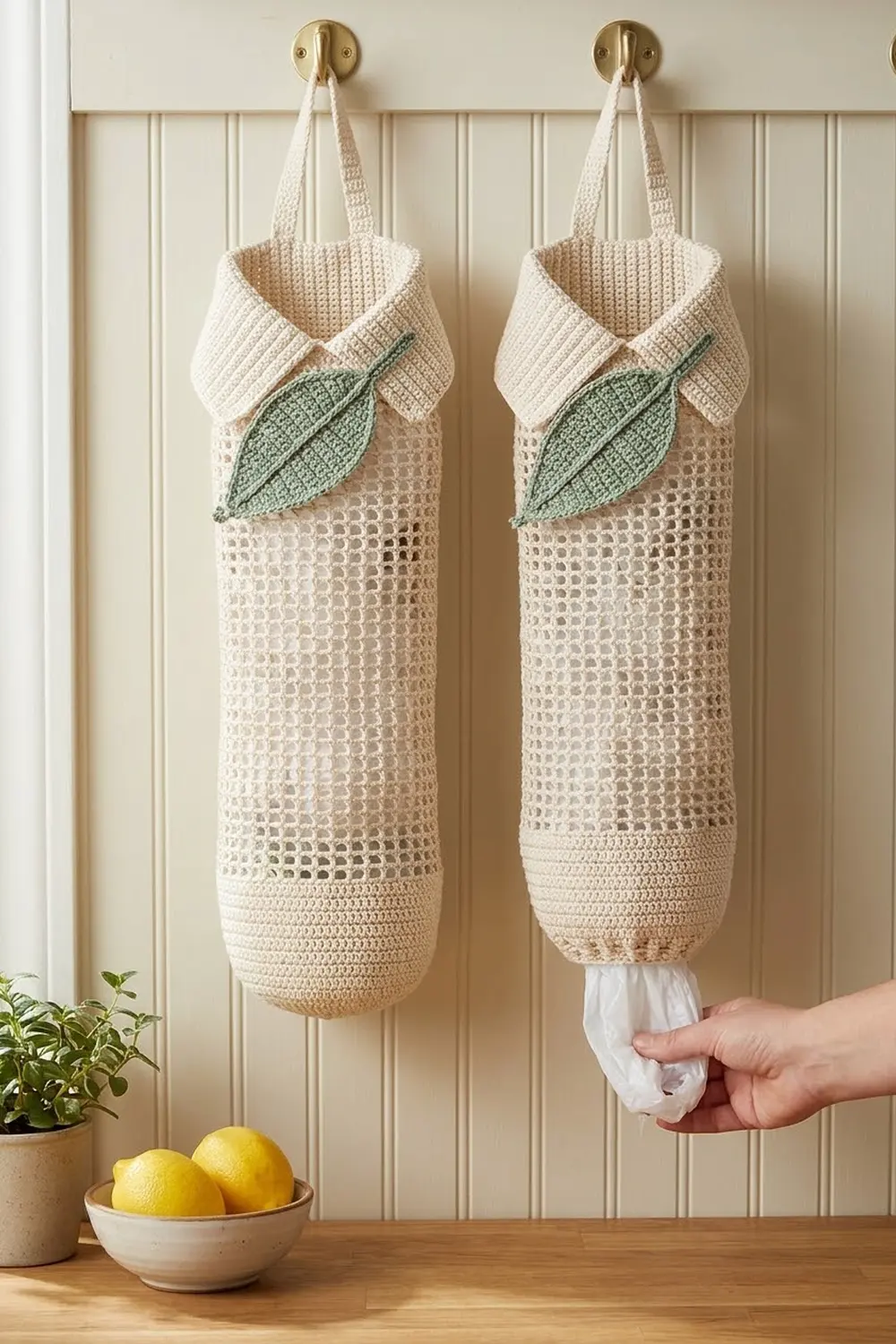 Two cream crocheted hanging storage bags with sage-green leaf details displayed on brass hooks above fresh lemons and potted plants.