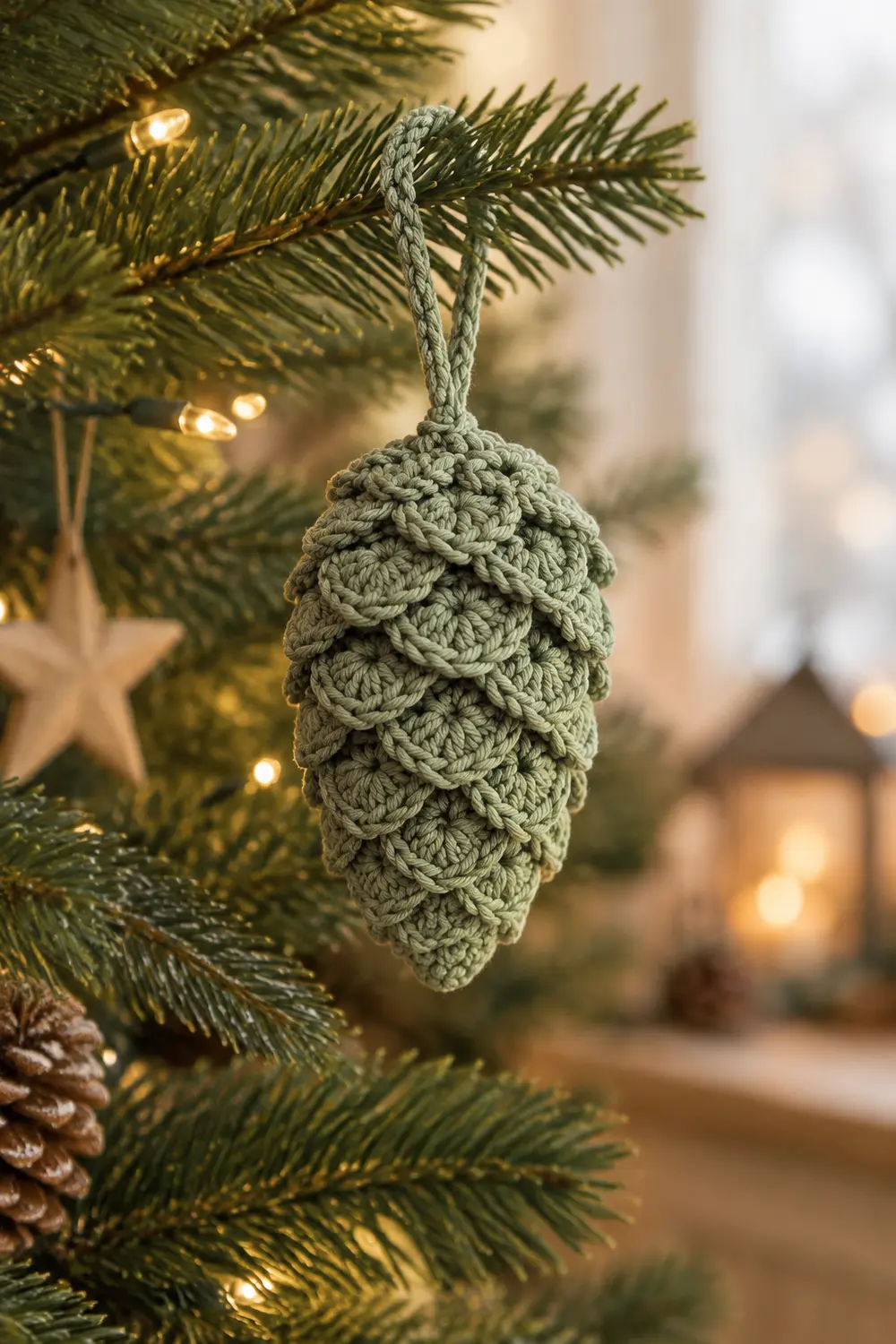 A gray crocheted pinecone ornament hangs from evergreen branches beside warm white lights and natural decorations.
