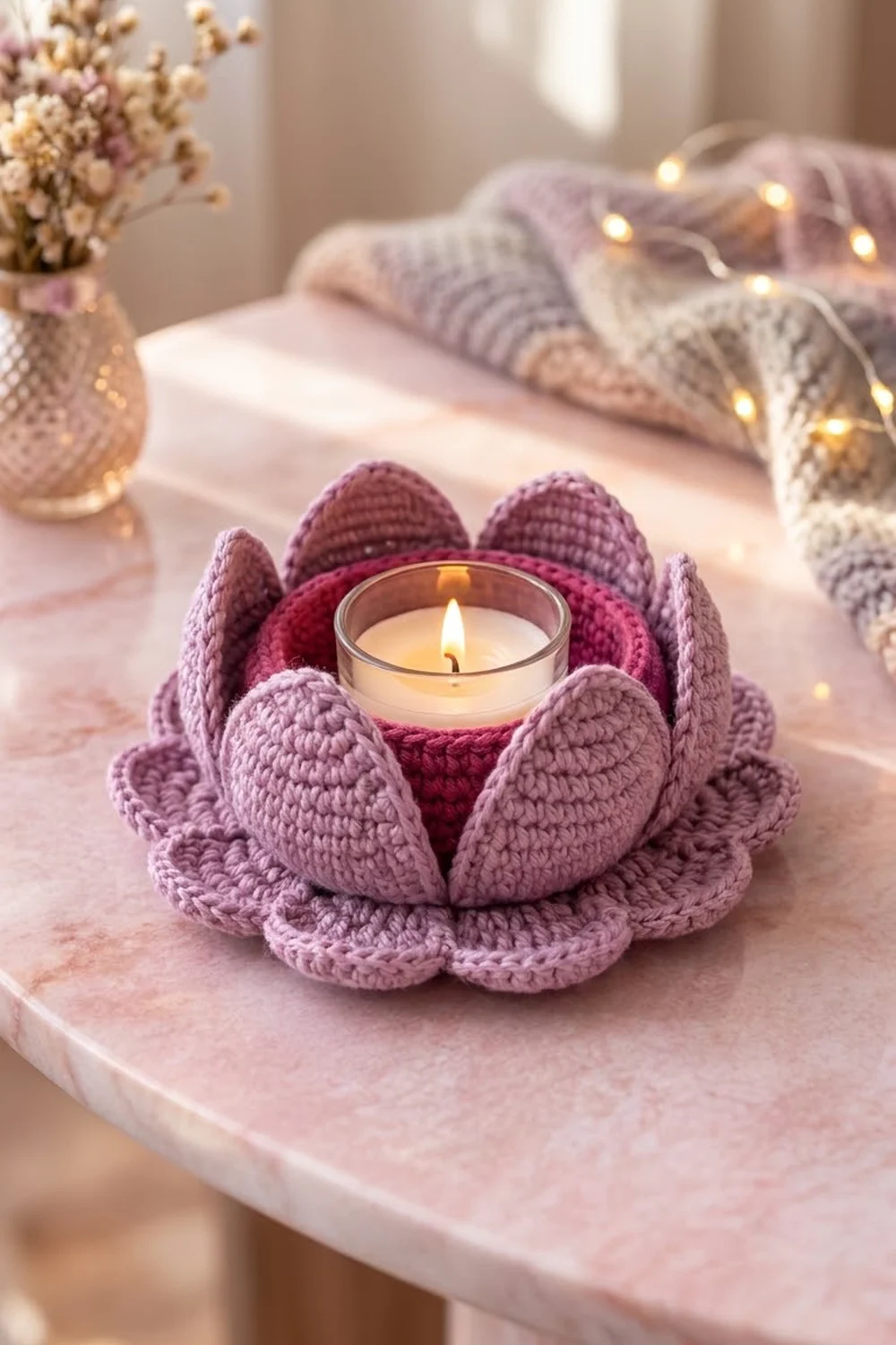 Crocheted mauve and burgundy lotus-shaped candle holder with burning candle, styled with dried flowers and warm string lights.
