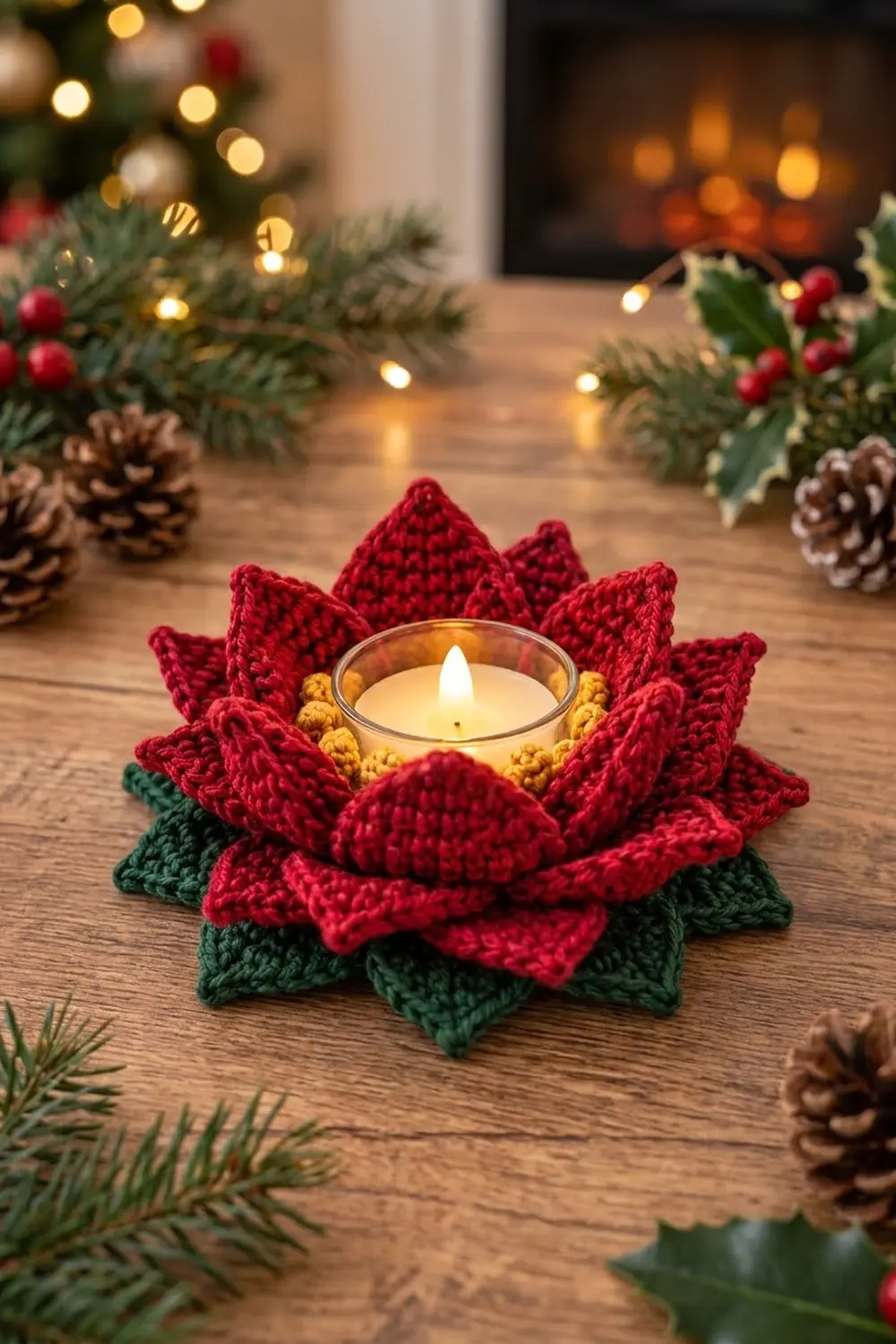 Red and green crocheted flower candle holder with lit candle displayed among Christmas greenery, pinecones, and glowing lights on wood.