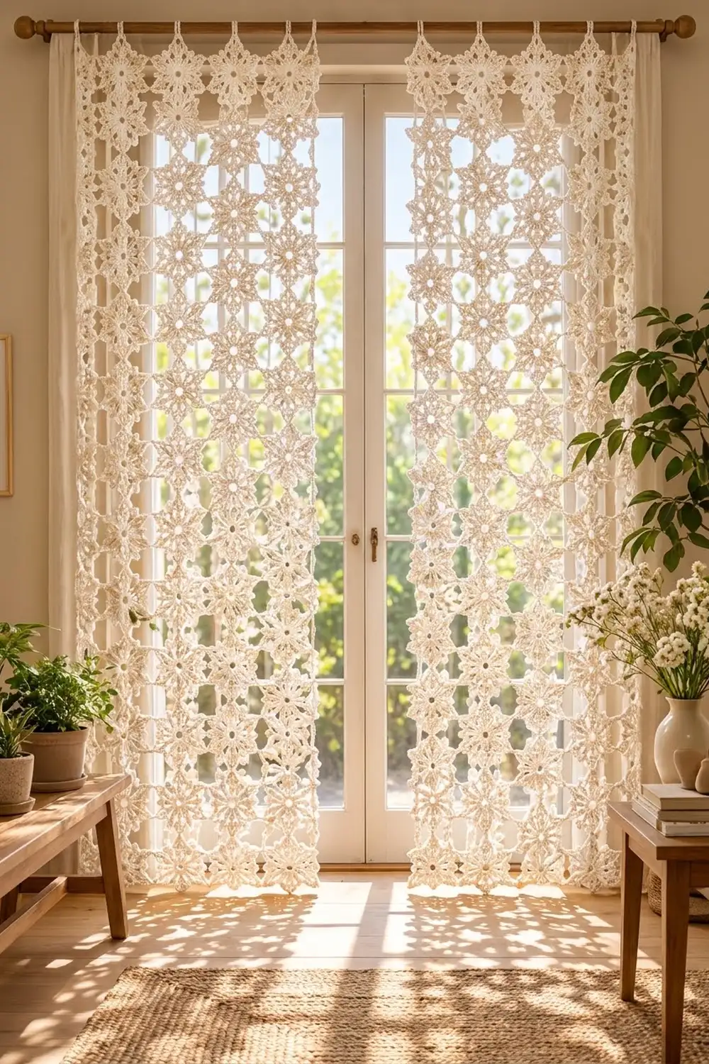 Cream lace curtains with ornate geometric patterns hung on glass doors in a bright, plant-filled room.
