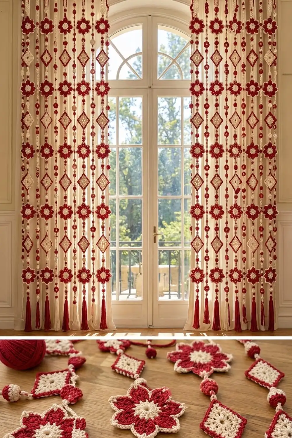 Crocheted red and cream flower garland with diamond shapes and tassels displayed by elegant tall formal windows.
