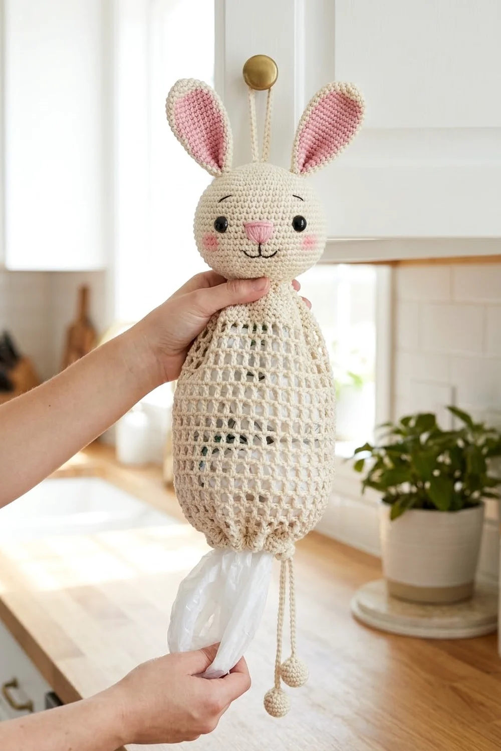 Hands holding crocheted cream bunny with pink ears, textured dress, and gold top detail in modern kitchen.