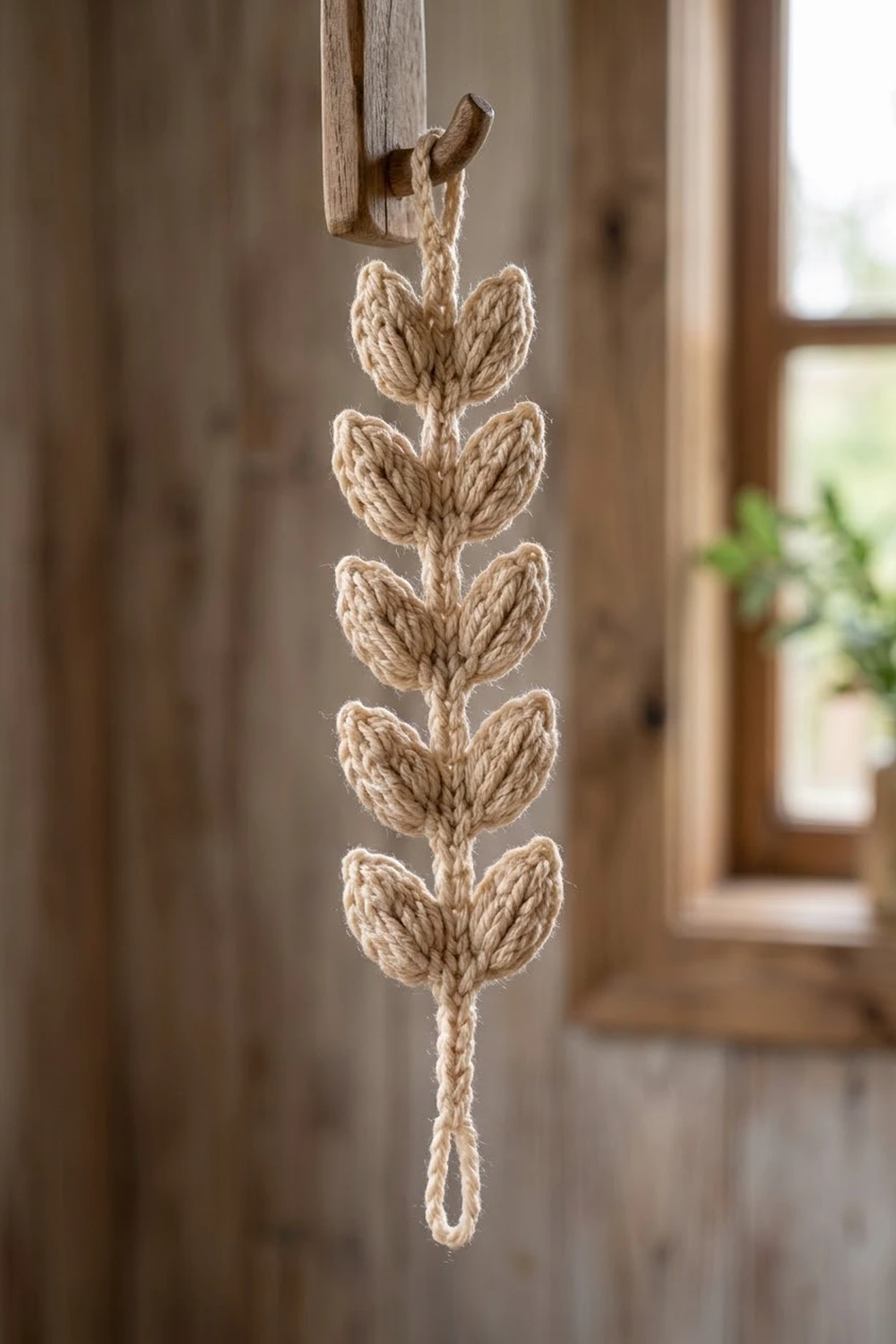 Cream crocheted botanical plant hanging from a wooden peg in a sunlit, neutral-toned interior space.