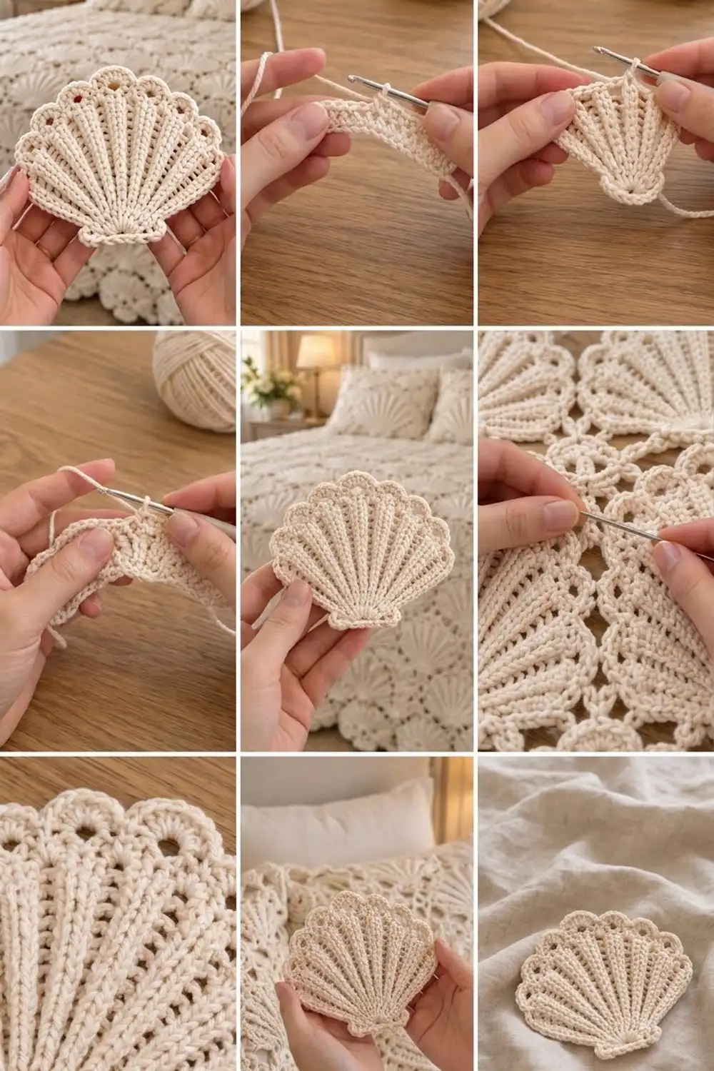 Crocheted cream shell appliqués displayed in various stages of completion, held in hands, and decorating ivory bedding.