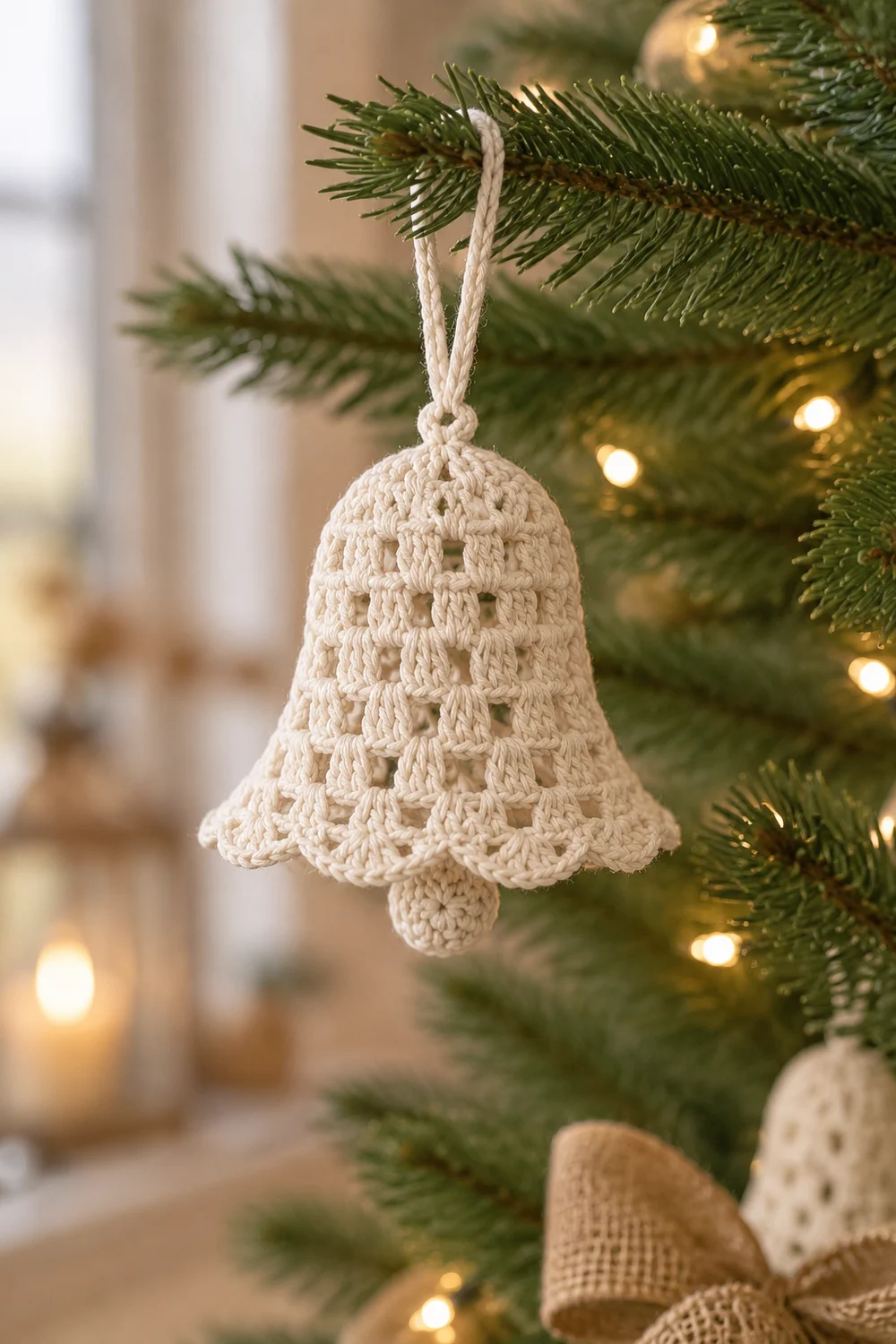A cream-colored crocheted bell ornament hangs from a pine branch adorned with warm white lights.