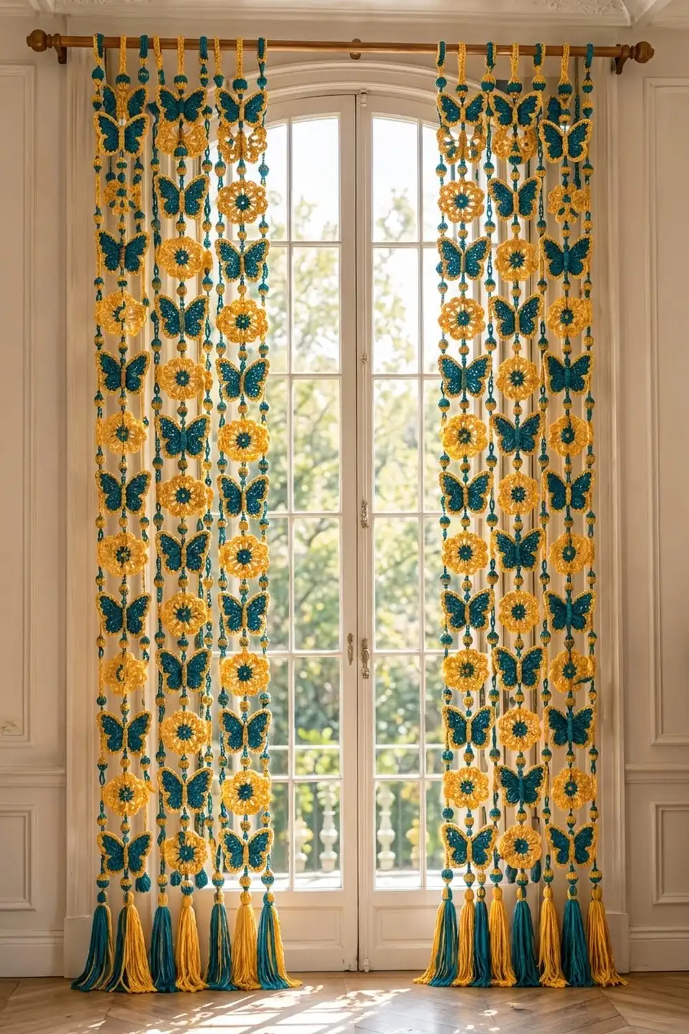 Crocheted curtains with teal butterflies and golden flowers in cream hang before tall windows, finished with matching tassel trim.