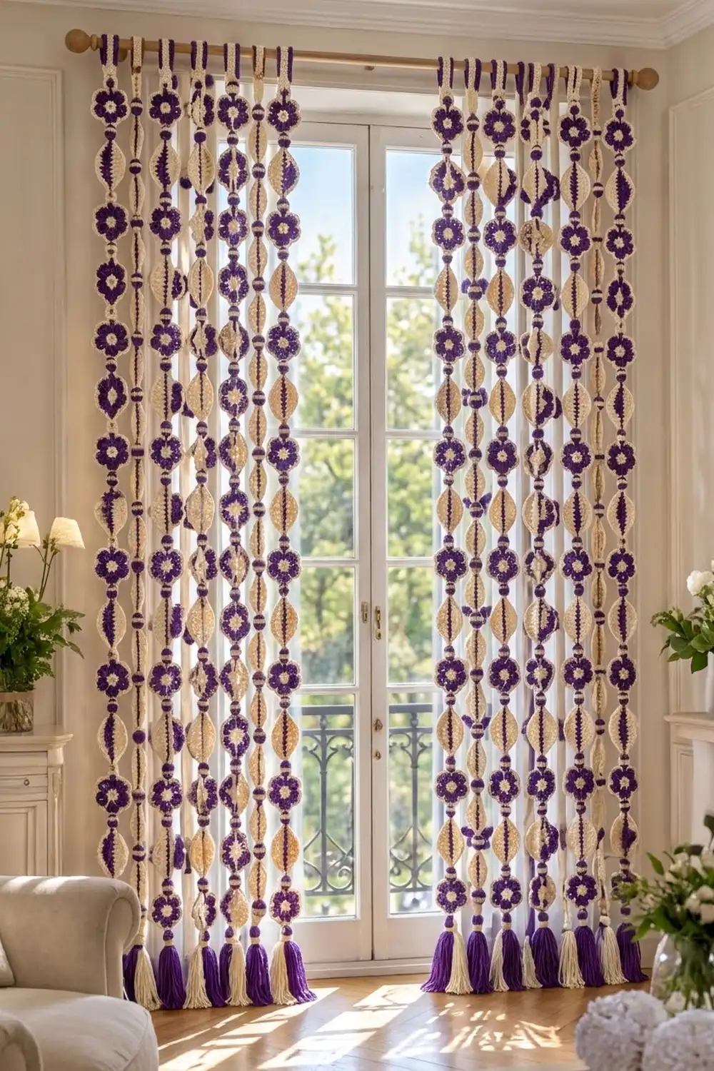 Purple and cream crochet flower curtains with beads hang over windows in a bright, elegant living room with plants.