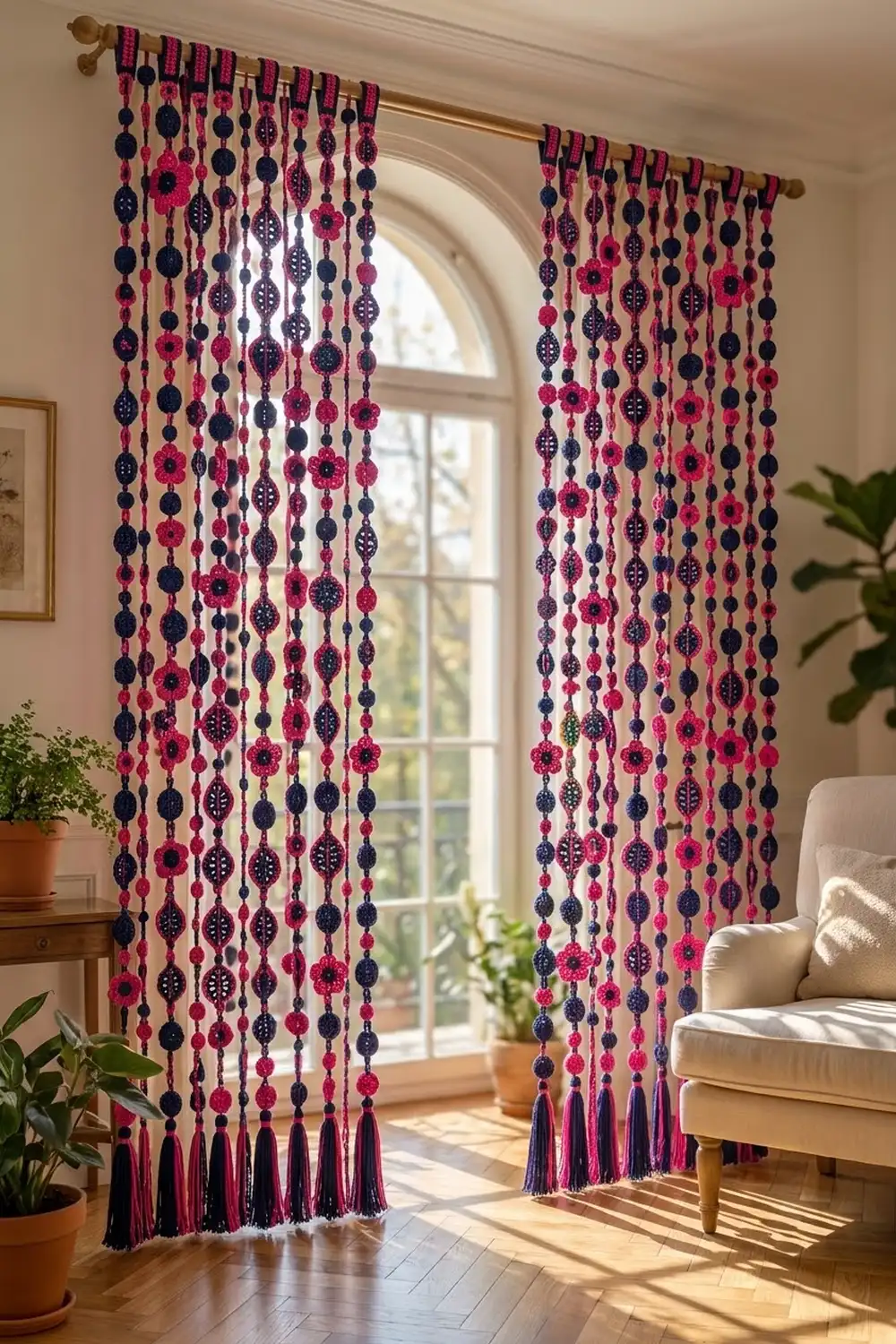 Pink, navy, and purple crocheted beaded curtain with tassels hanging over an arched window in a sunlit room.