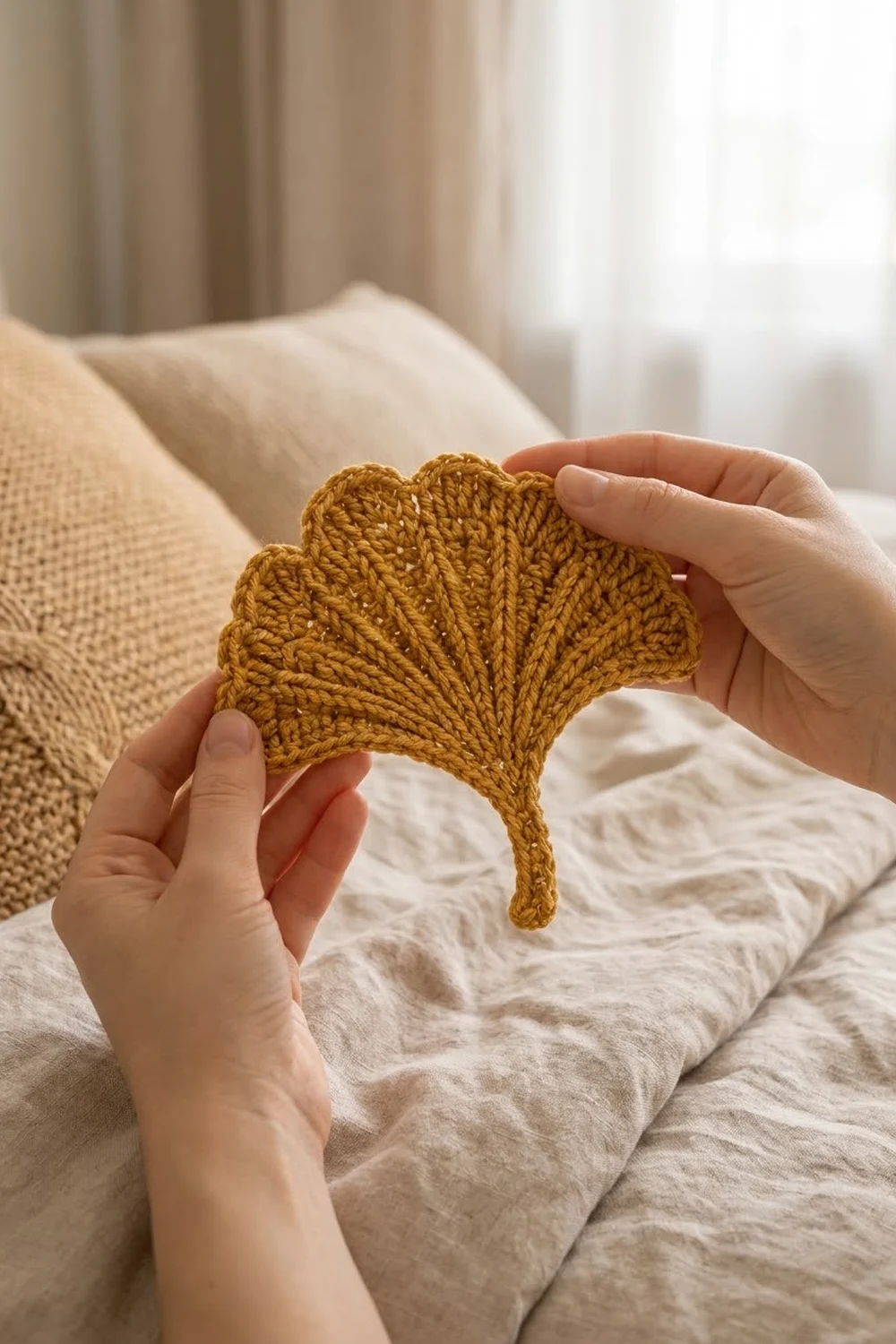 A golden-yellow crocheted ginkgo leaf displayed on soft, cream-toned bedding and pillows.