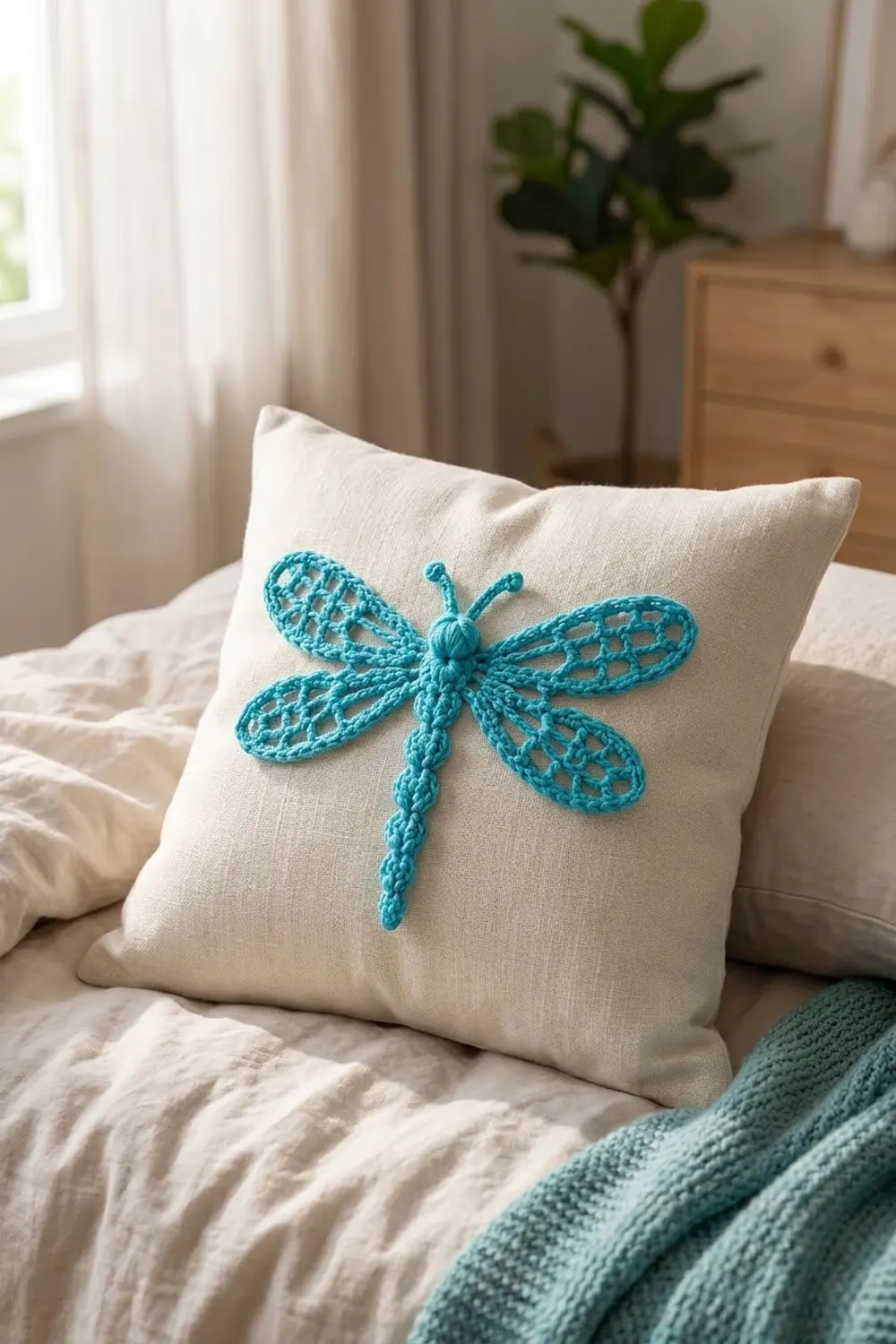 Cream pillow with a turquoise crocheted dragonfly rests on a bed in a bright, minimalist bedroom.