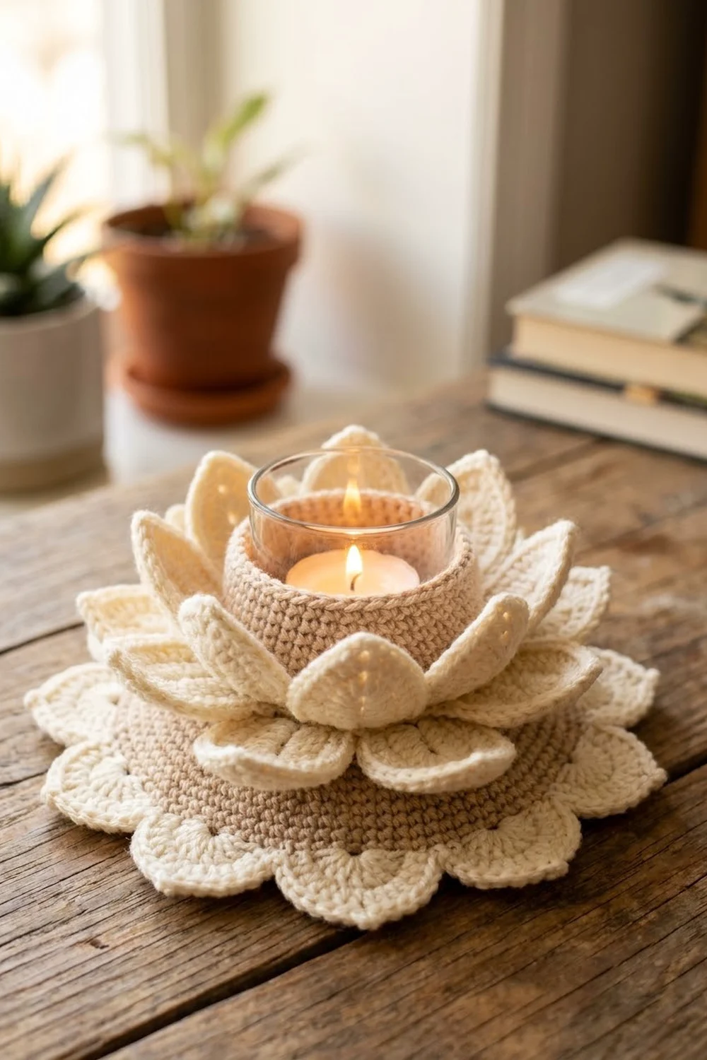A cream-colored crocheted lotus flower holds a lit candle on a wooden desk beside potted plants and stacked books.