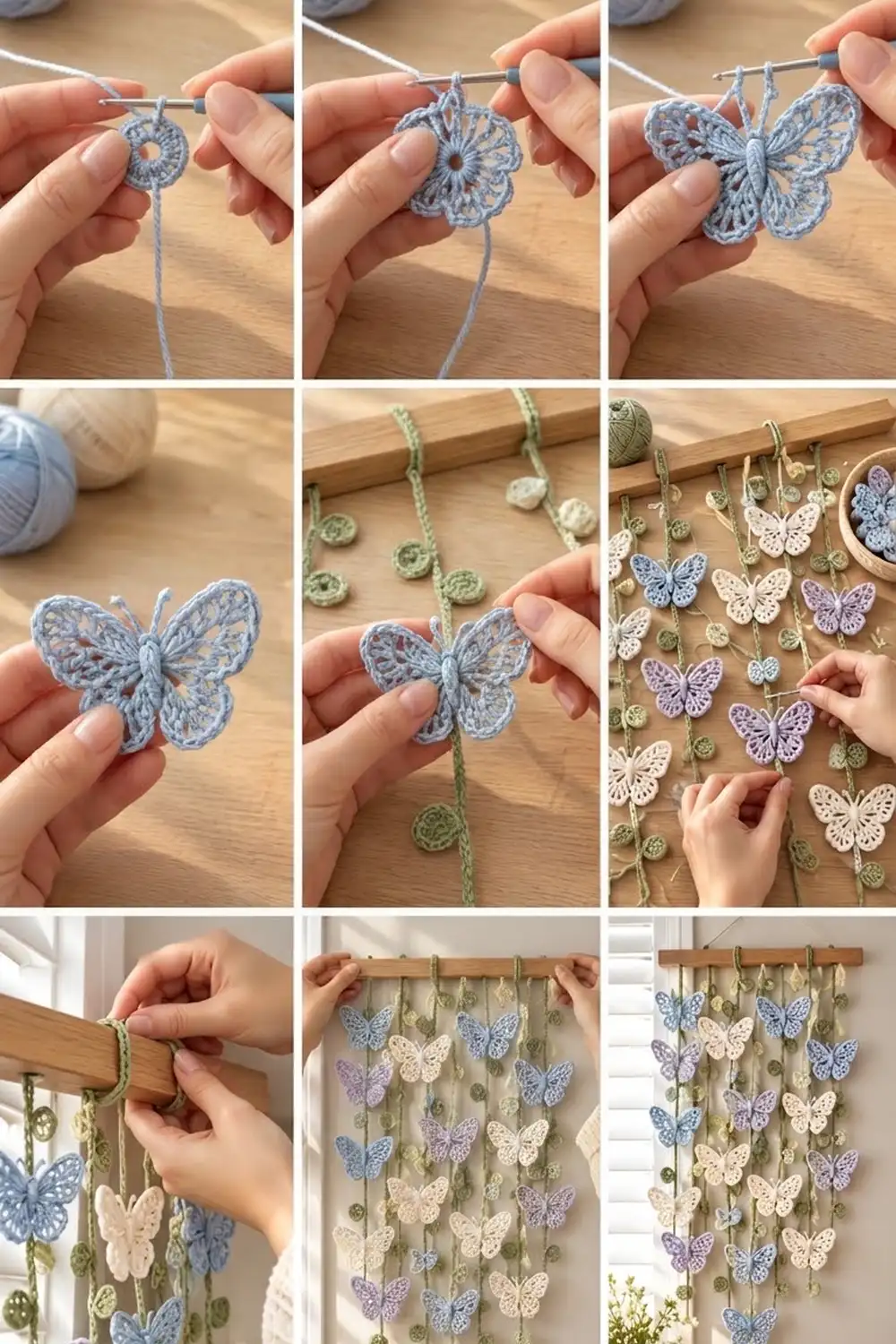 Delicate crochet butterflies in blue, purple, and cream tones hanging from a wooden rod as a decorative mobile.