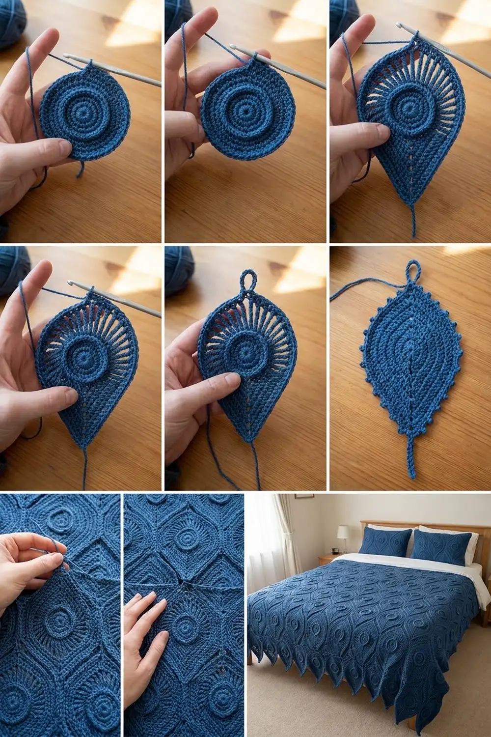 Teal blue crocheted bedspread with repeating spiral motifs styled on a bed with white pillows in a bright bedroom setting.