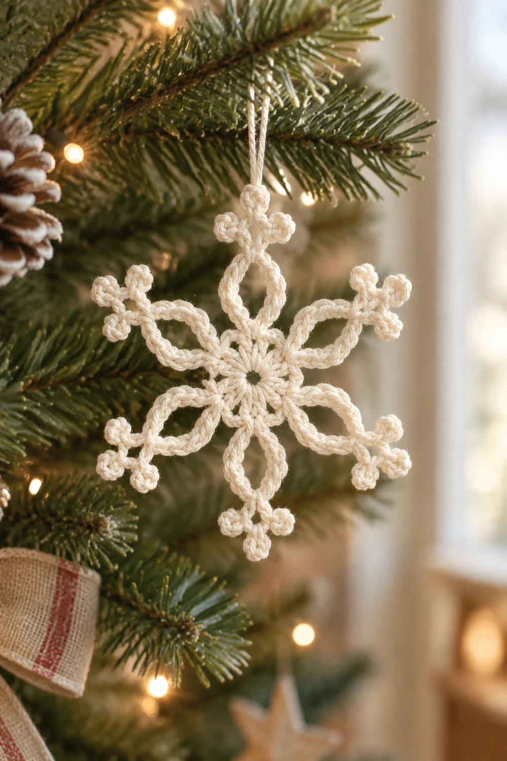 A cream-colored crocheted snowflake ornament hangs from evergreen branches adorned with warm lights.