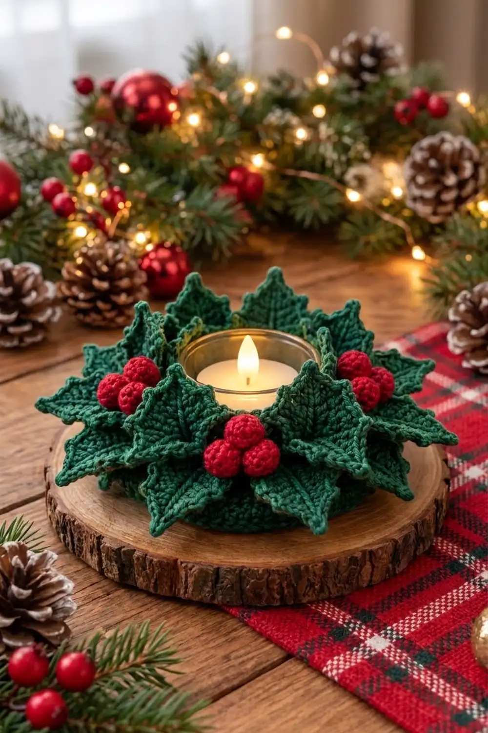 Handmade green crochet holly wreath with red berries cradling a lit candle, displayed on wood with holiday décor.