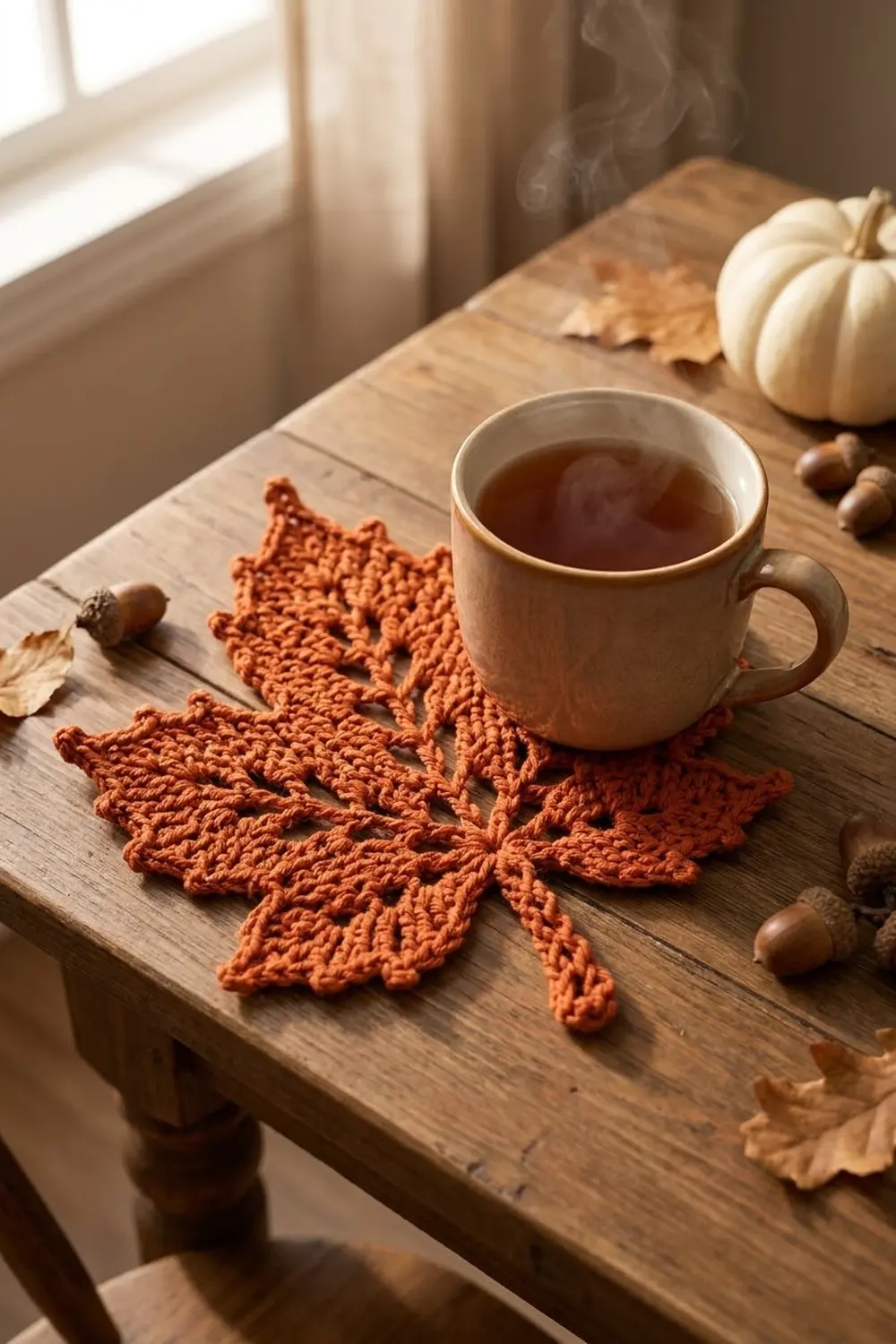 Rust-colored crocheted maple leaf beside a mug on wooden table with autumn decor and window light.