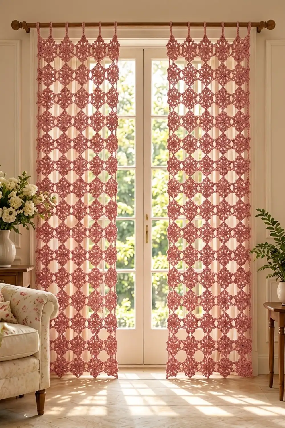 Terracotta crochet curtain panels with ornate geometric pattern frame French doors in a sunlit beige living room with traditional furnishings.