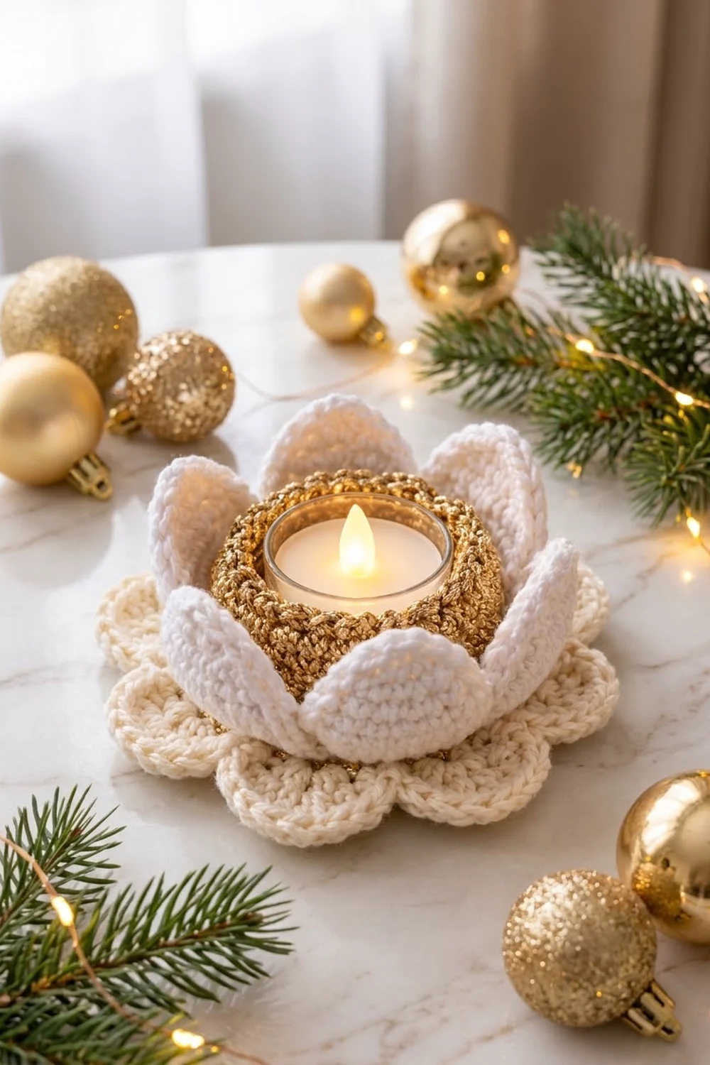 Crocheted flower-shaped candle holder in cream and gold with lit candle, surrounded by Christmas ornaments and evergreen branches on marble.