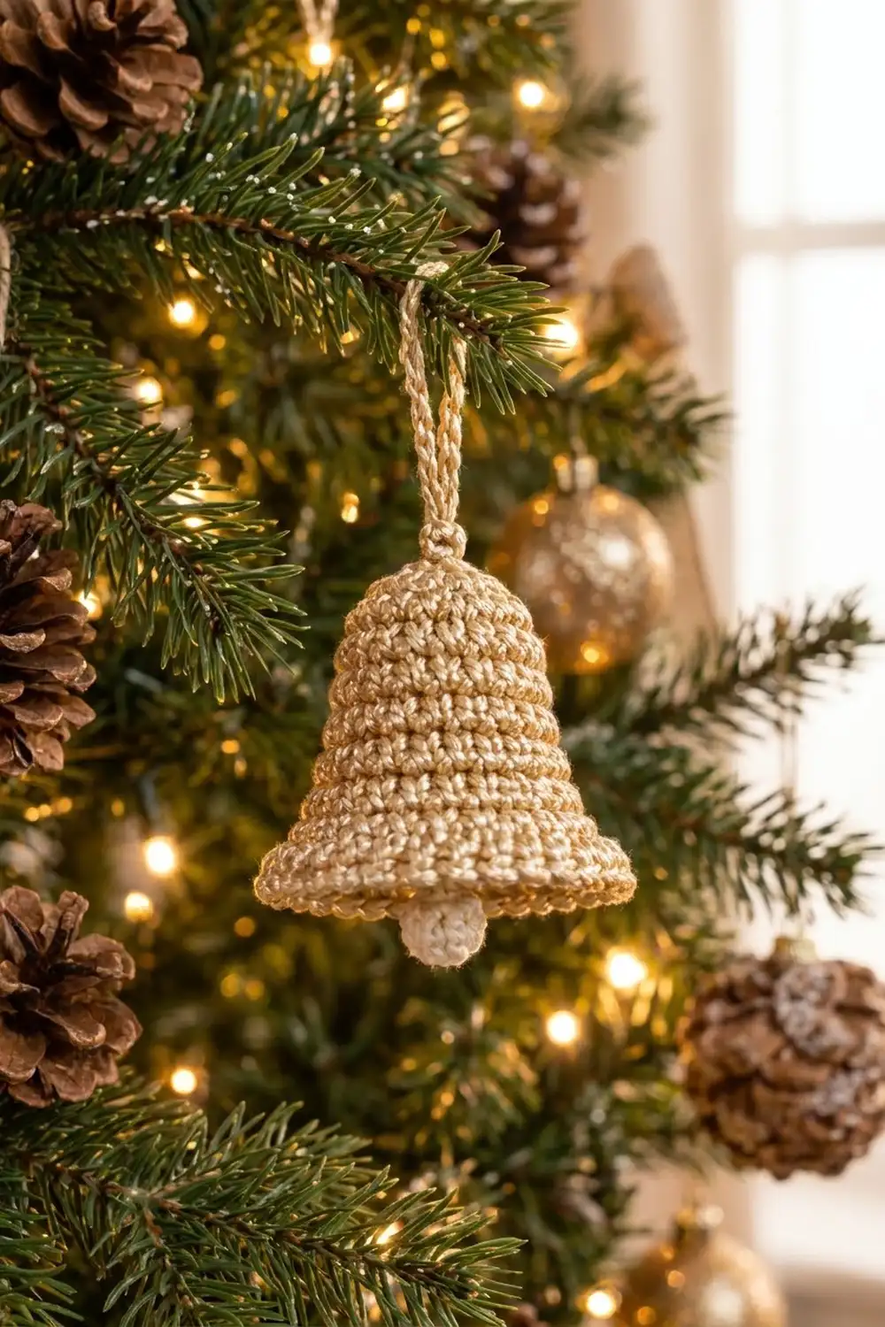 Cream-colored crocheted bell ornament hangs among evergreen boughs with warm white lights and natural pinecones.