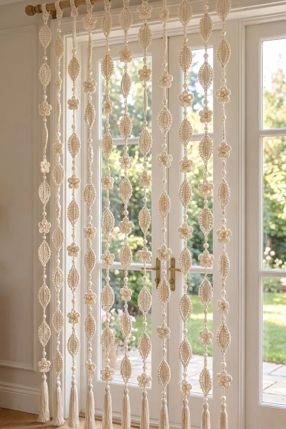 Crocheted cream-colored curtain with leaf and flower details hangs from a wooden rod overlooking a sunlit garden through glass doors.