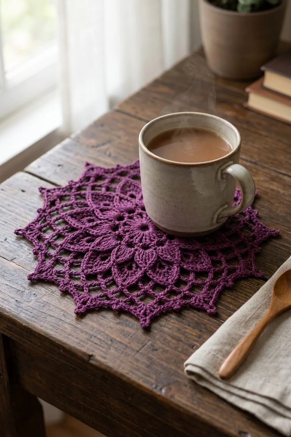 A purple crocheted doily coaster beneath a cream ceramic mug on a rustic wooden table in bright, minimalist home interior.