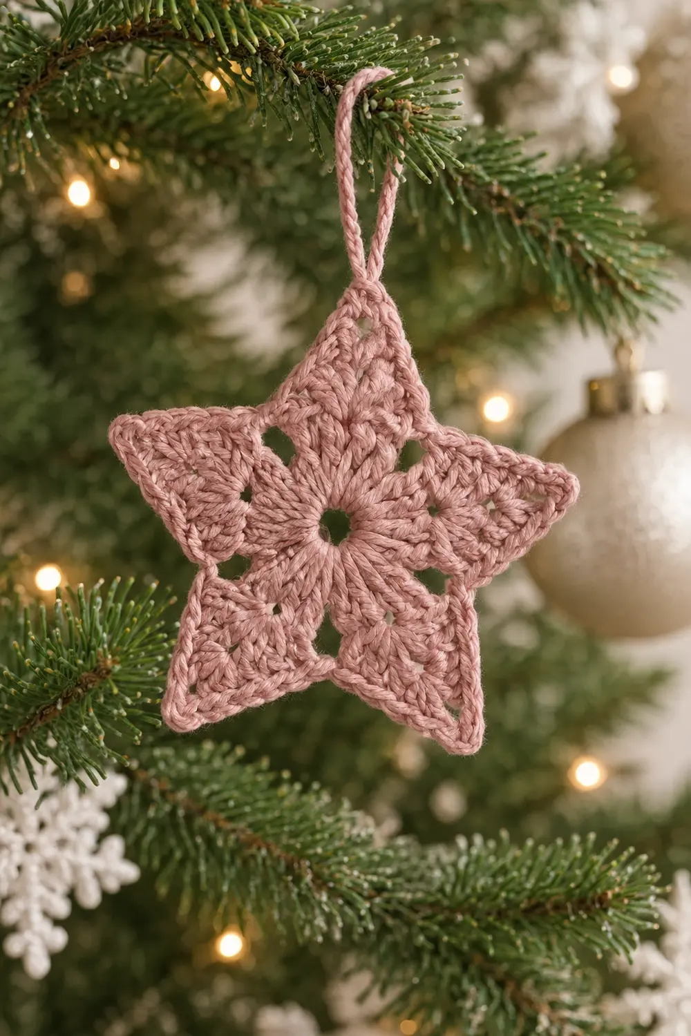 A pink crocheted star ornament hangs from evergreen branches amid warm lights and white decorations.
