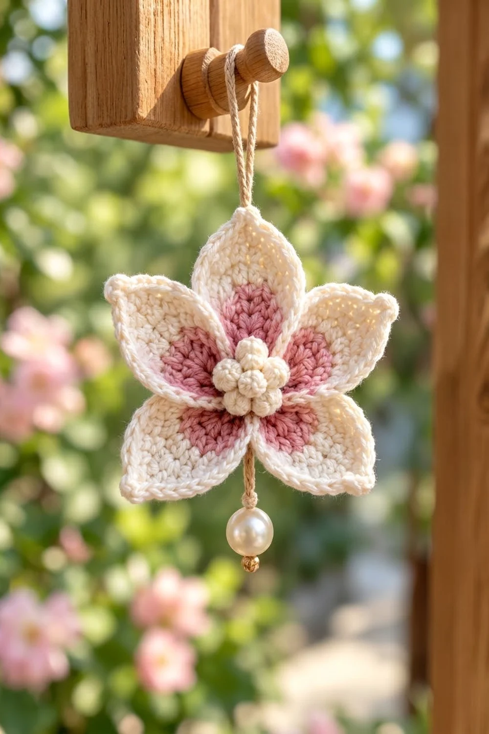 Crocheted five-petal flower in cream with mauve centers and pearl bead detail, hanging from wooden hook in garden setting.