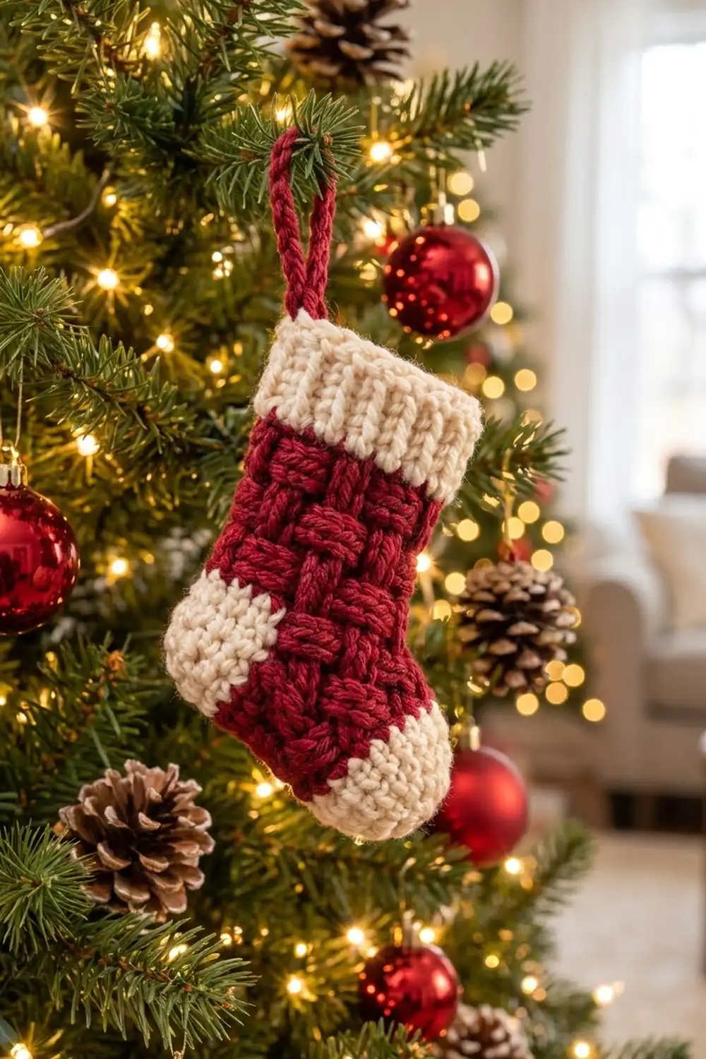 A crocheted red and cream striped stocking ornament hangs from an evergreen garland with twinkling lights and ornaments.
