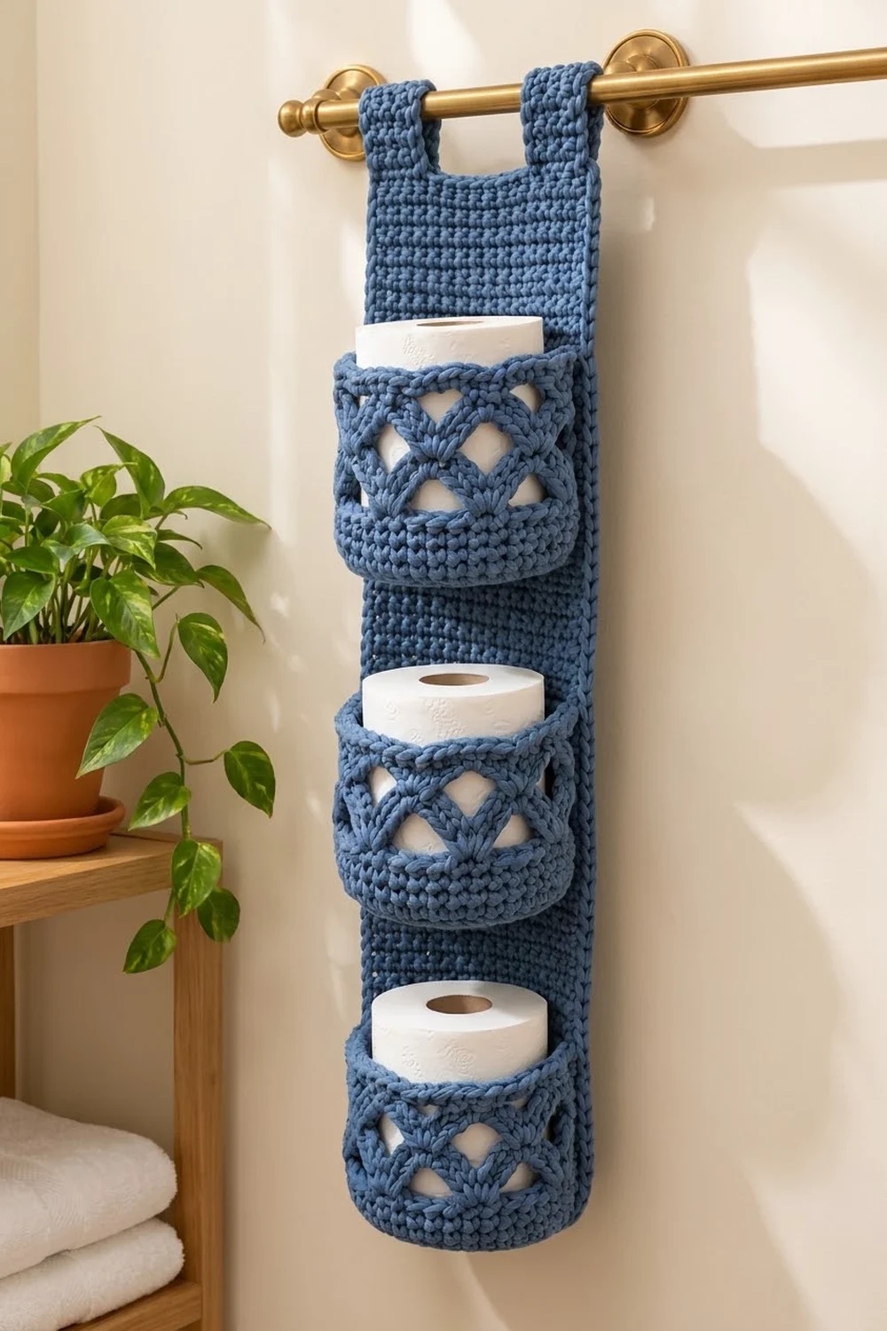 Blue crocheted toilet paper holder hanging from a brass rod, displaying three white rolls with diamond cutout panels.