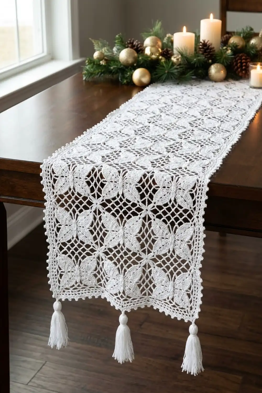 White lace table runner with tassels on dark wood table beside a holiday centerpiece with candles and greenery.