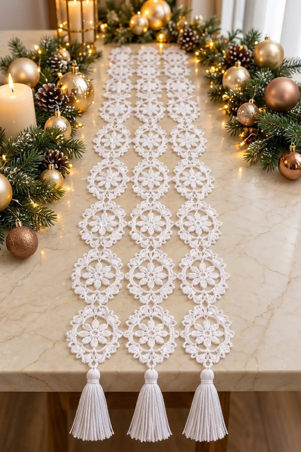 White lace table runner featuring flower motifs and tassels displayed on marble with holiday greenery and gold ornaments.