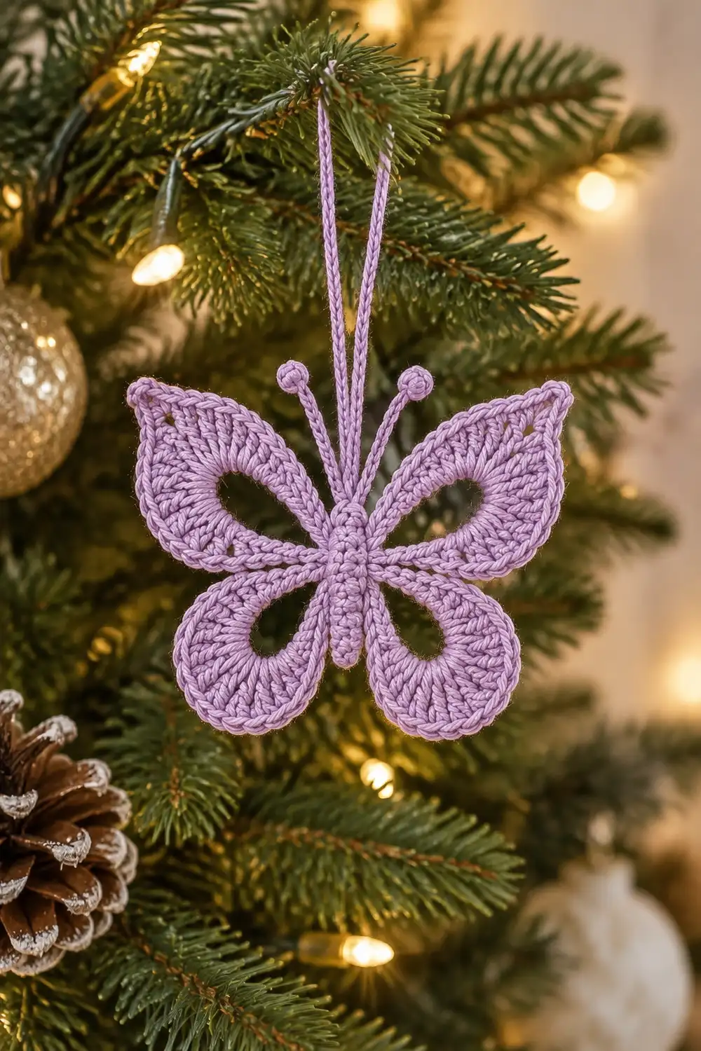 A lavender crocheted butterfly ornament hanging from purple string on a decorated Christmas tree with lights.