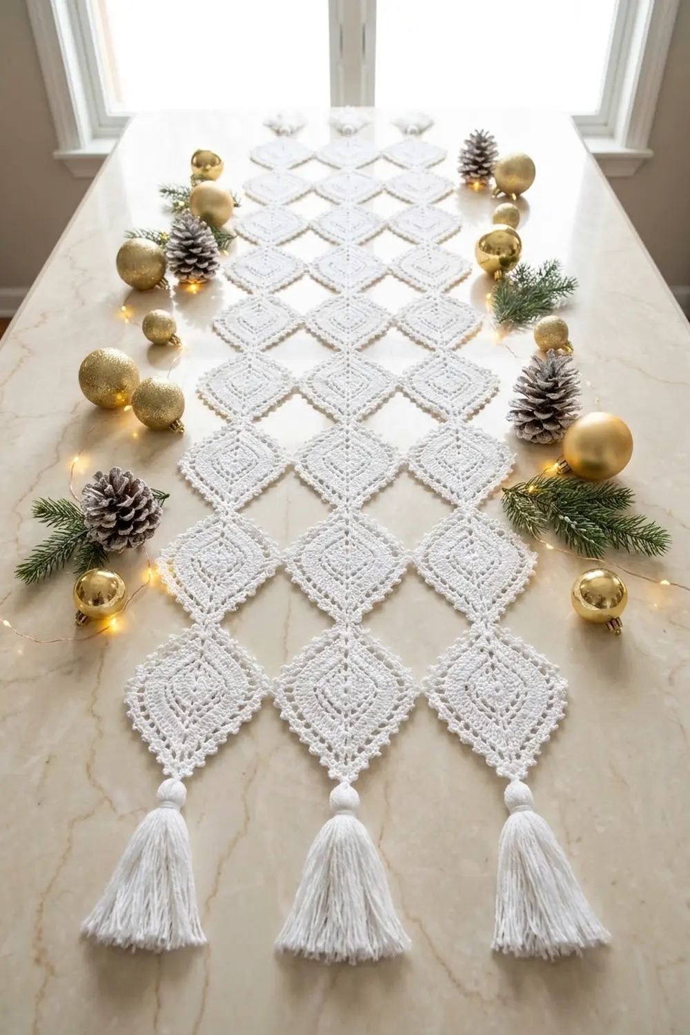 White crochet table runner with diamond pattern and tassels, styled for the holidays with gold ornaments and evergreen.